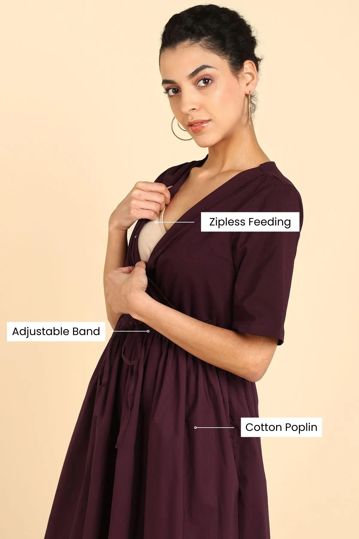 Deep Burgundy Jersey Poplin Zipless Maternity Dress