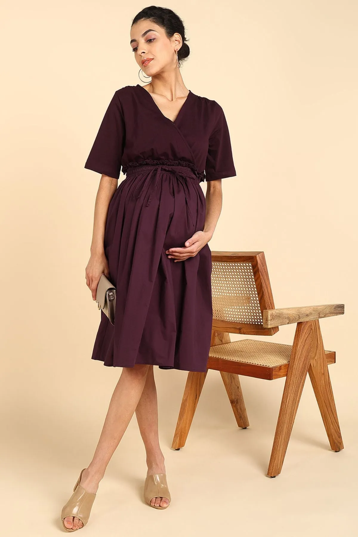 Deep Burgundy Jersey Poplin Zipless Maternity Dress