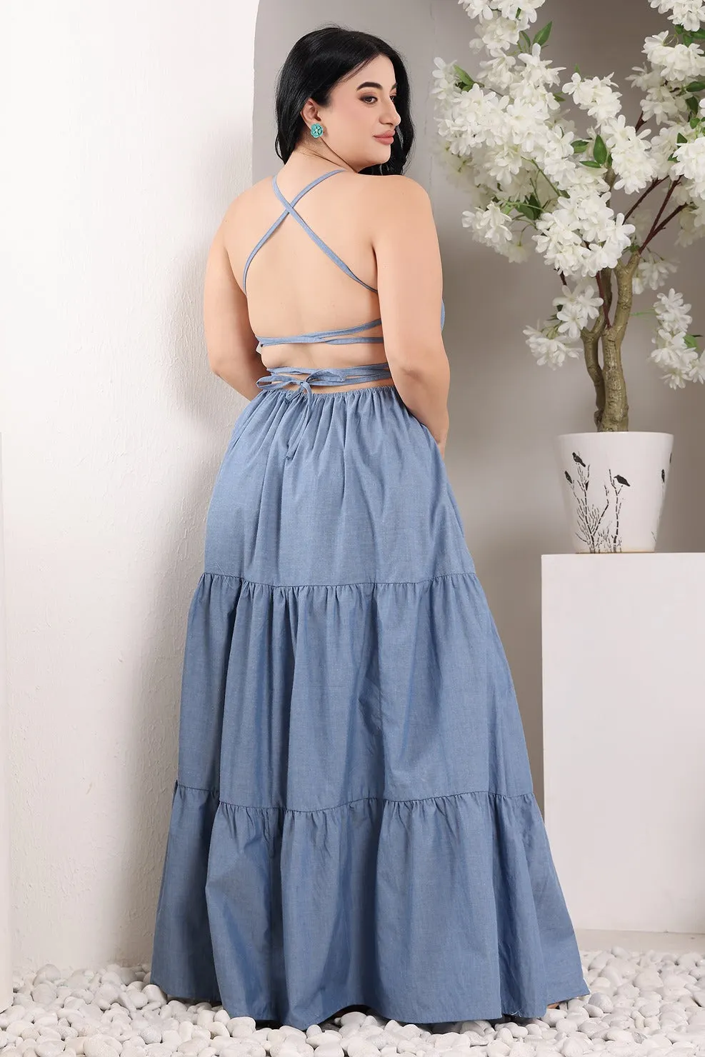 Denim Layered Dress with Criss Cross Back