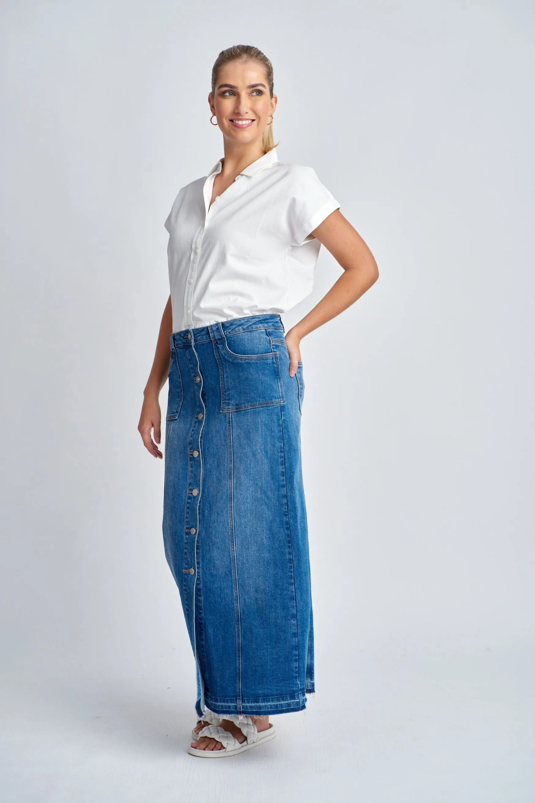 Denim Maxi Button Up Skirt Light Blue