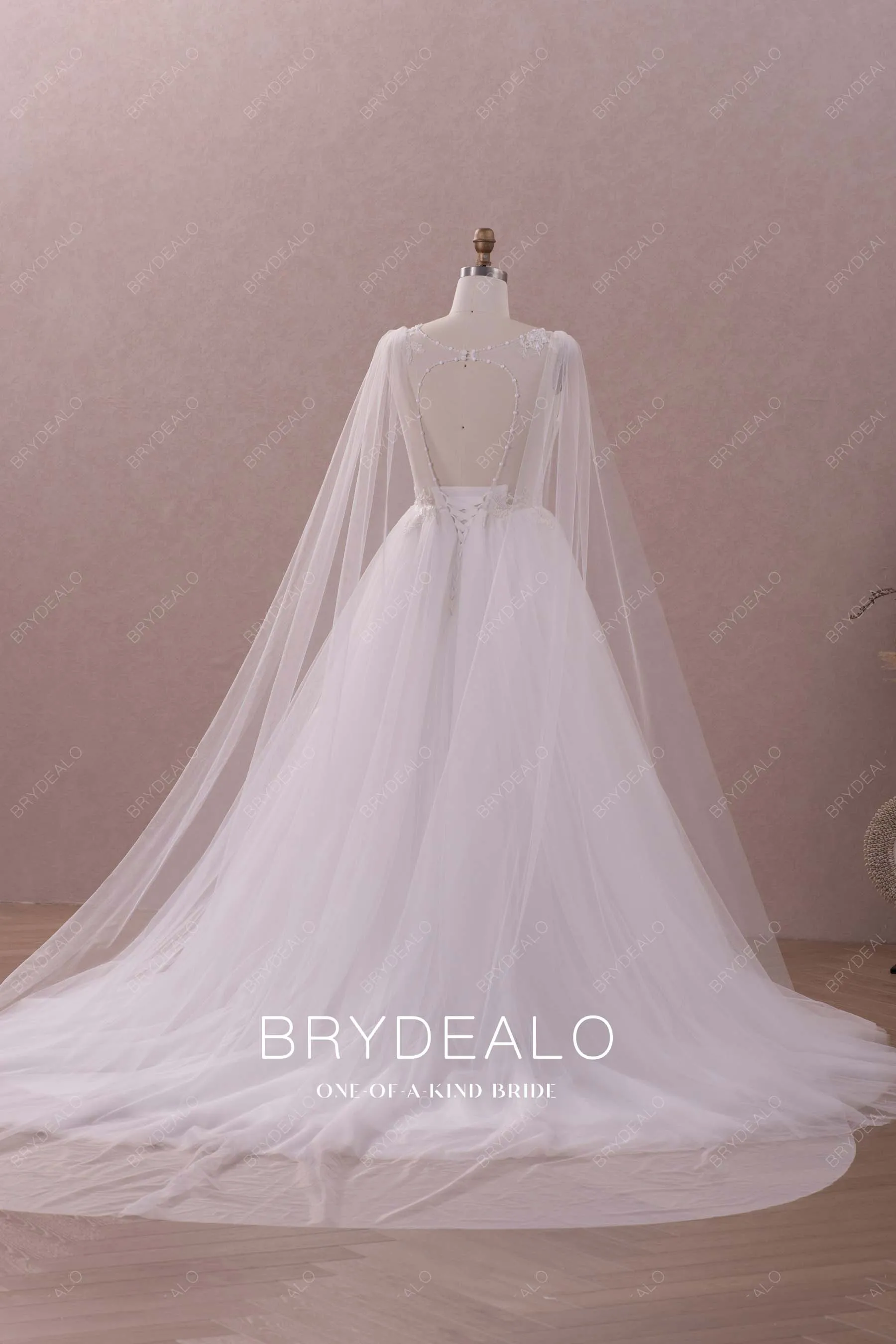 Designed Shoulder Streamers Illusion Neck Lace Tulle Wedding Gown