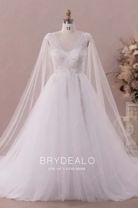 Designed Shoulder Streamers Illusion Neck Lace Tulle Wedding Gown