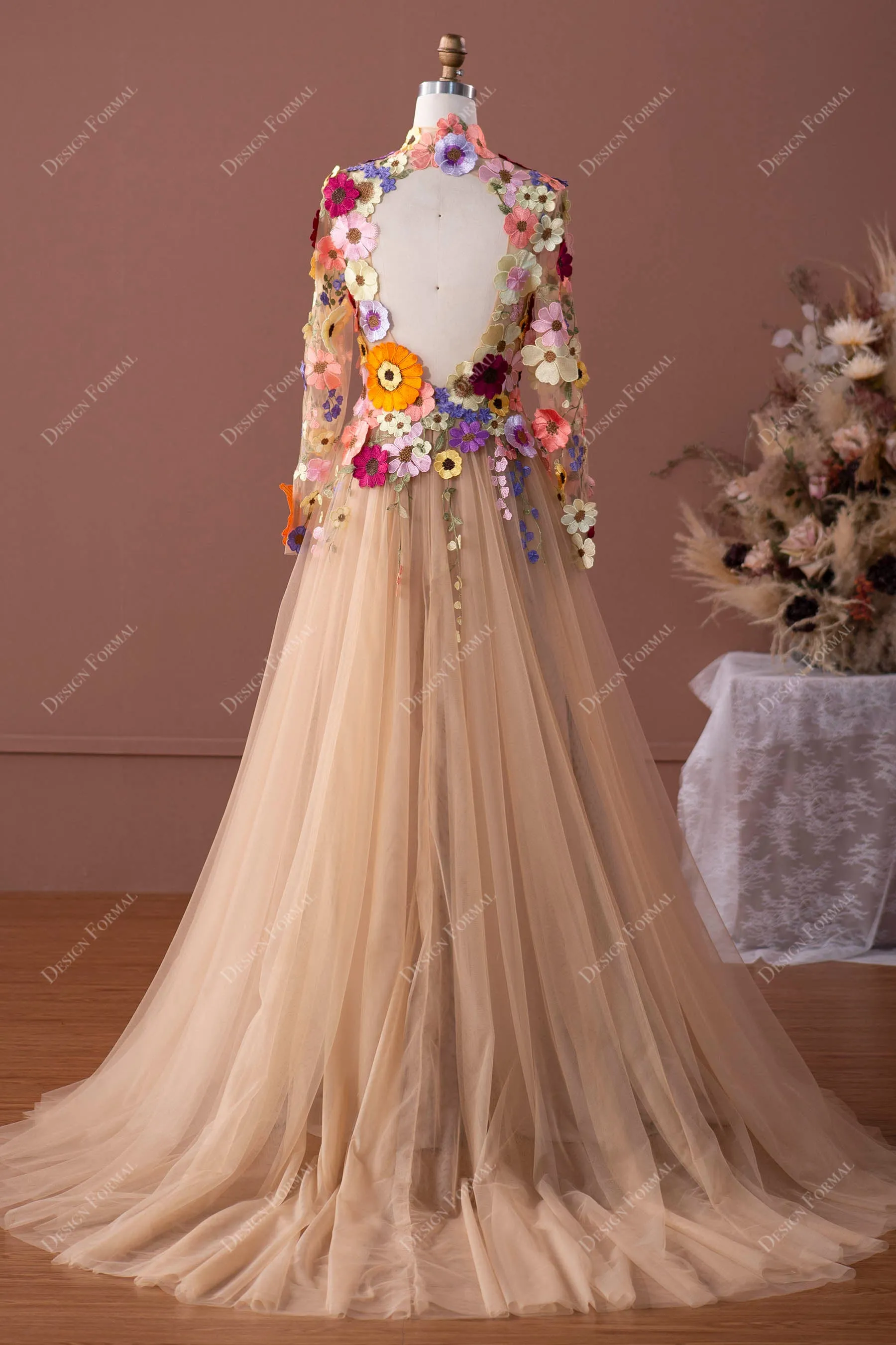 Designer Colorful Wild Flowers Fairytale Sleeved A-line Wedding Dress