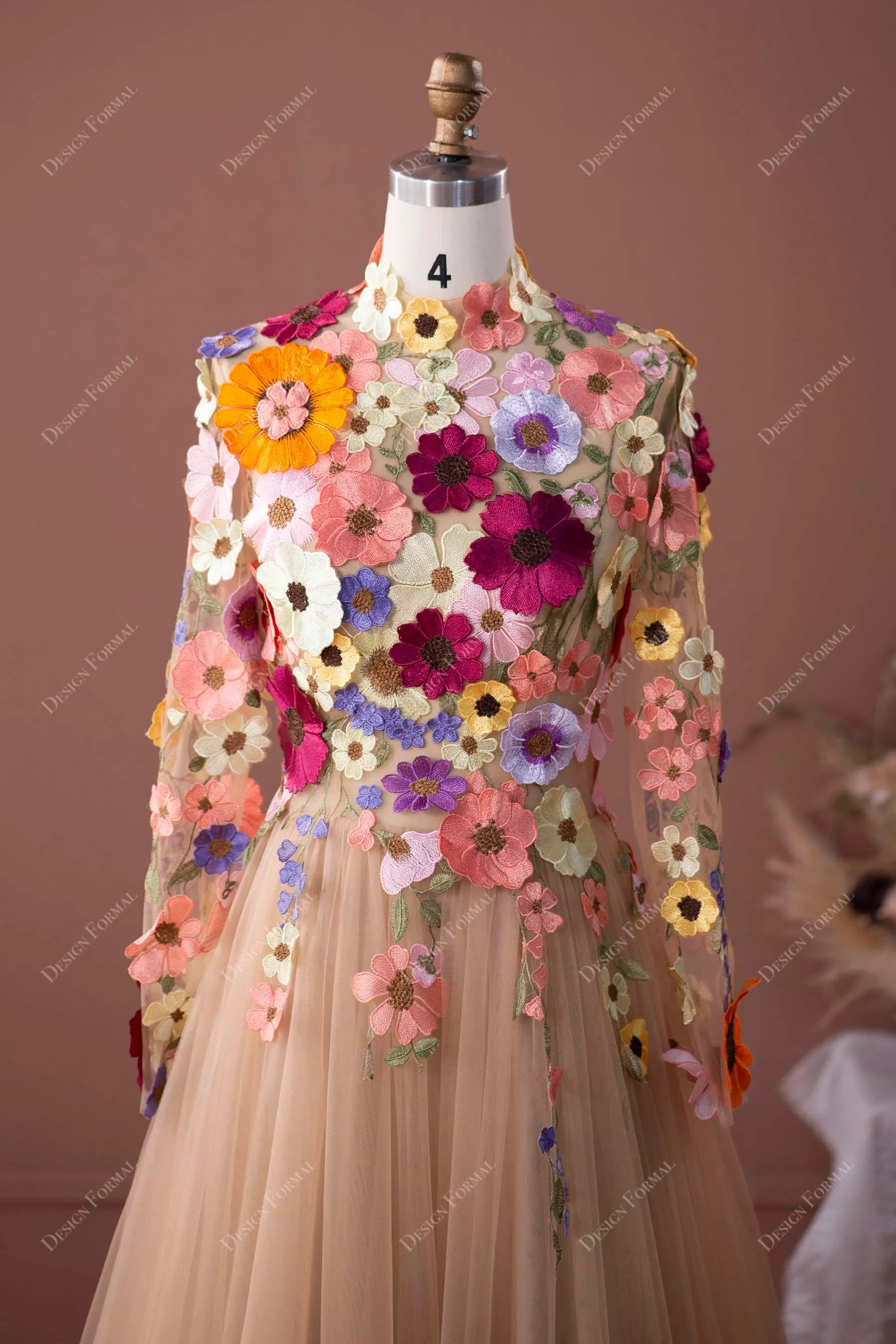 Designer Colorful Wild Flowers Fairytale Sleeved A-line Wedding Dress