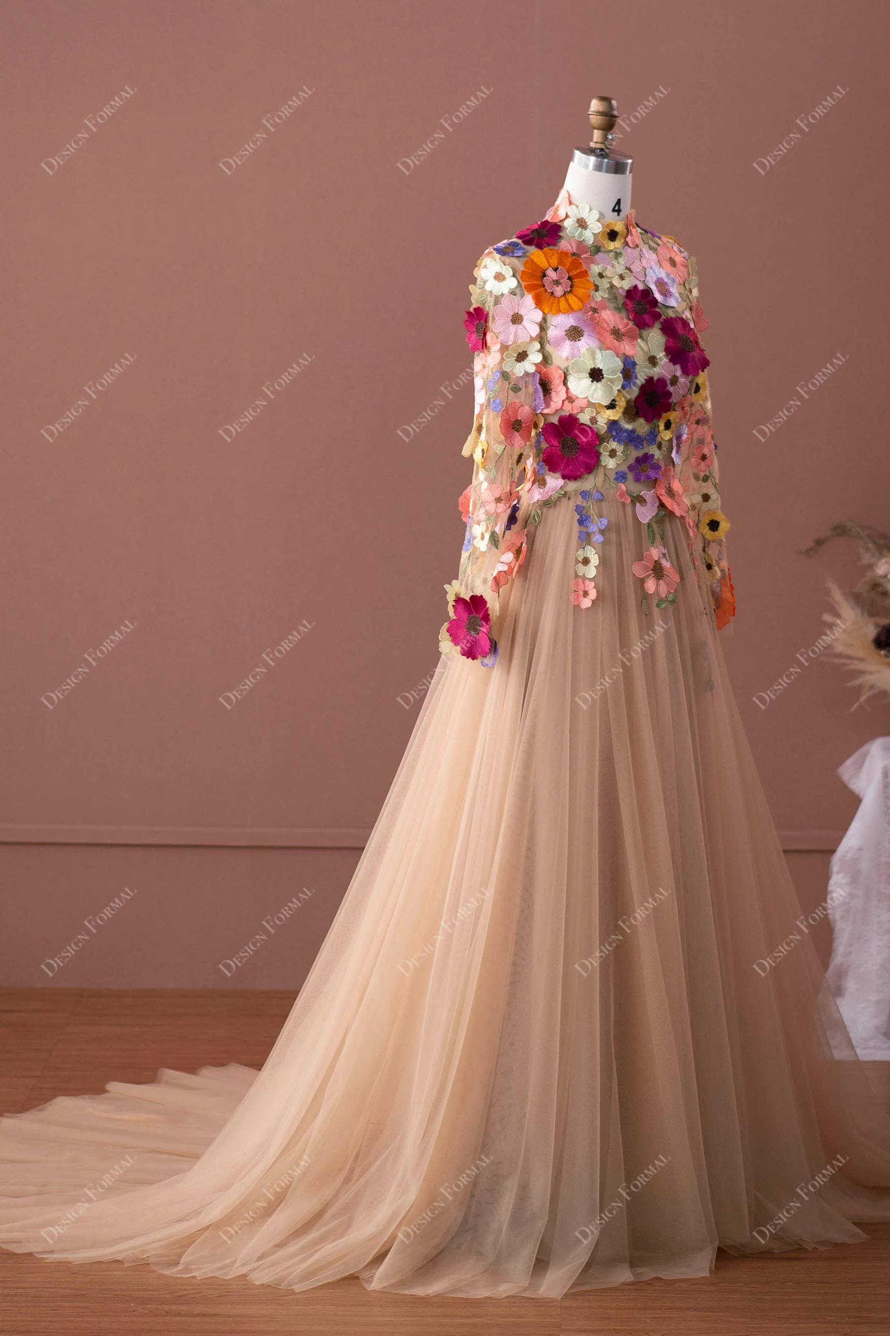 Designer Colorful Wild Flowers Fairytale Sleeved A-line Wedding Dress