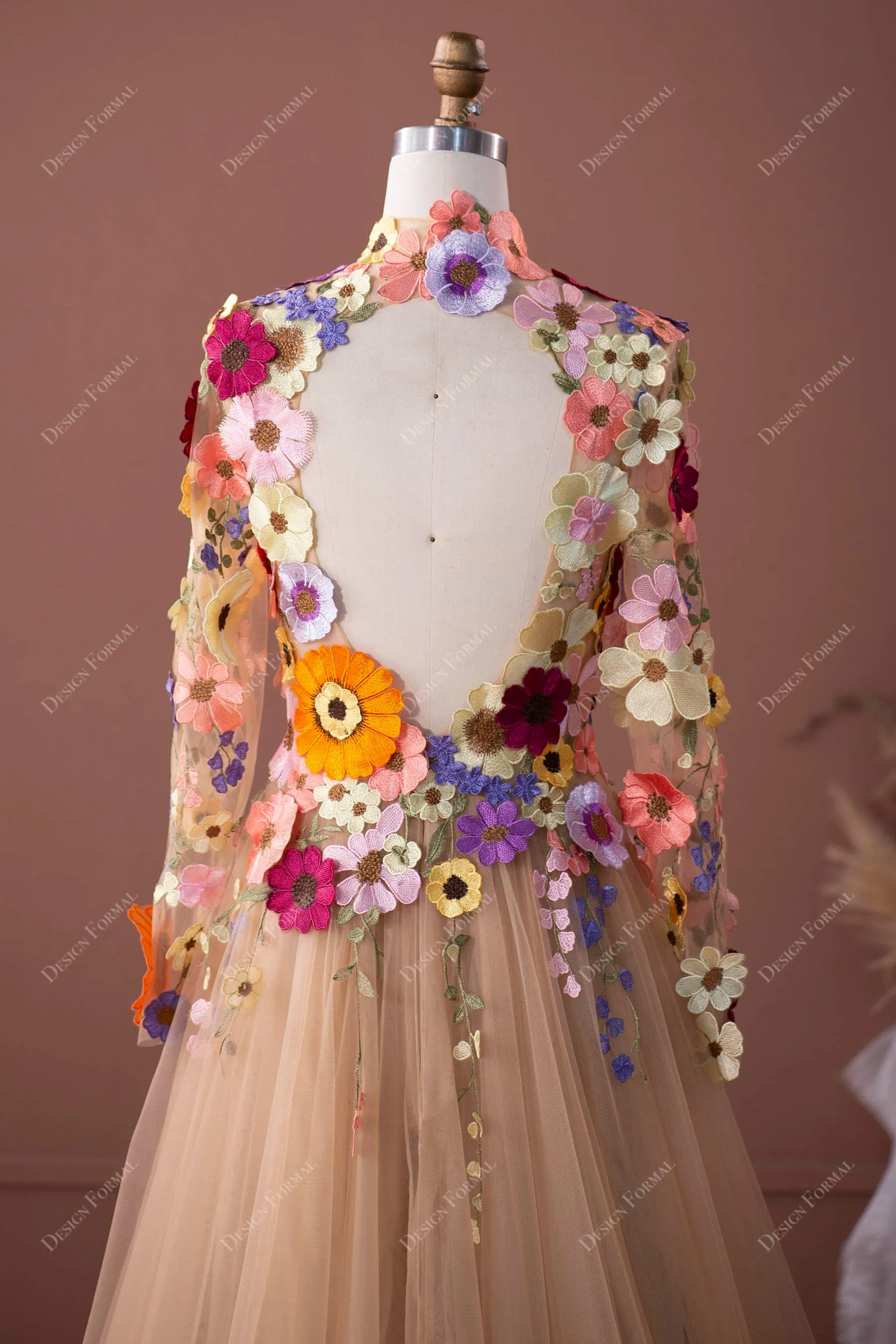 Designer Colorful Wild Flowers Fairytale Sleeved A-line Wedding Dress