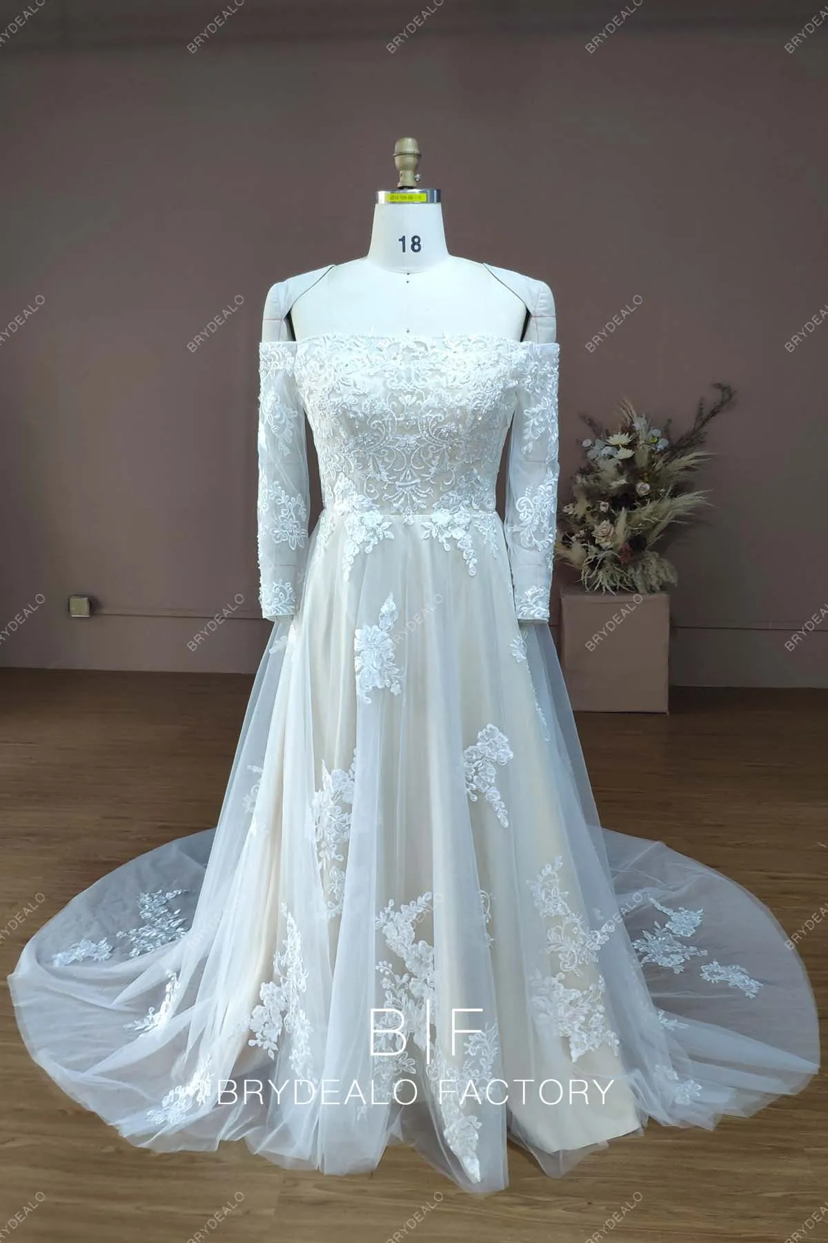 Designer Lace Off Shoulder Plus Size Champagne Destination Wedding Dress