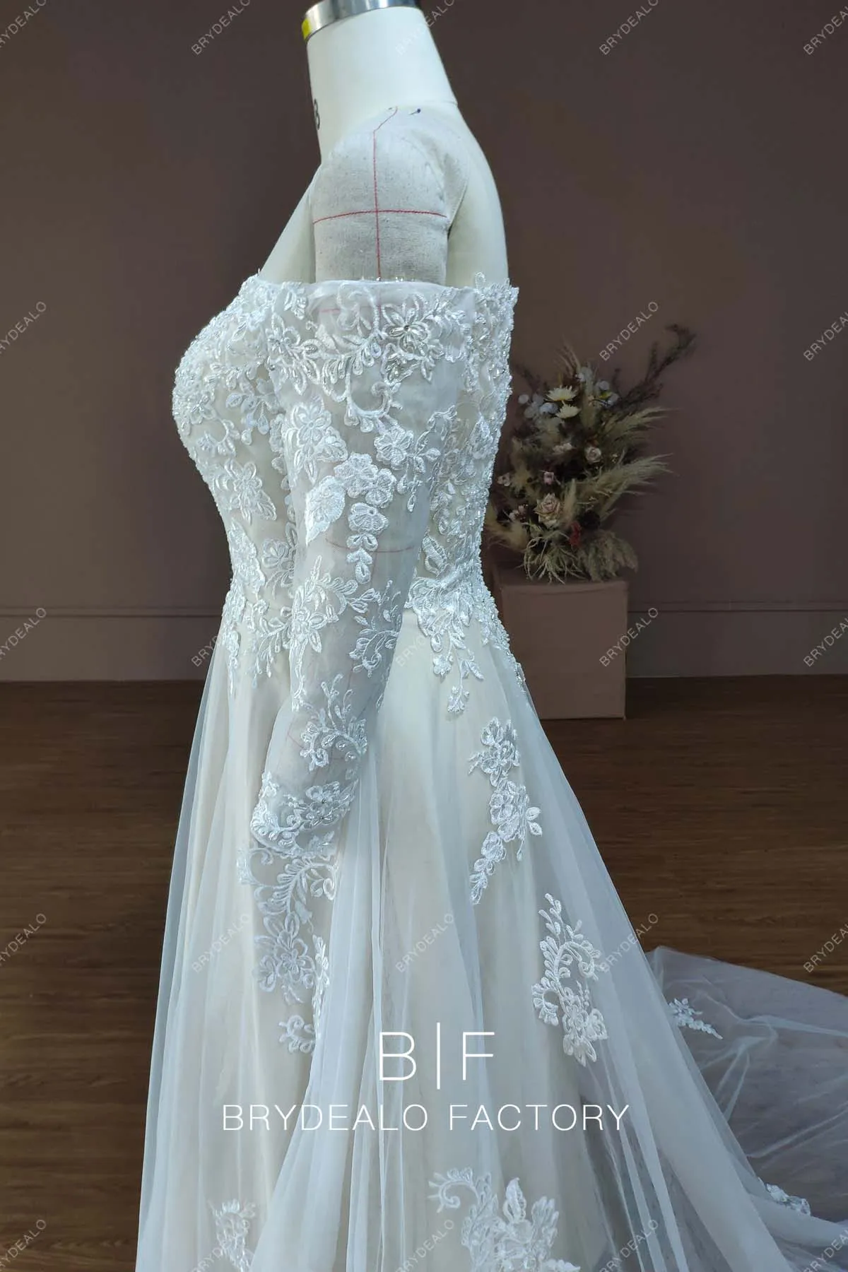 Designer Lace Off Shoulder Plus Size Champagne Destination Wedding Dress