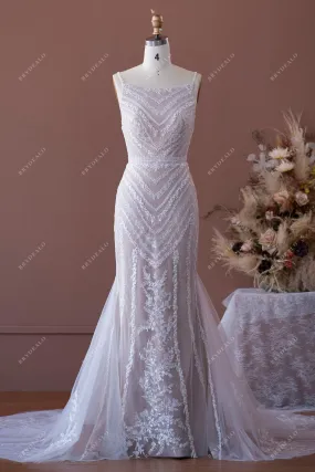 Designer Sequin Lace Nude Beige Spaghetti Straps Mermaid Bridal Dress