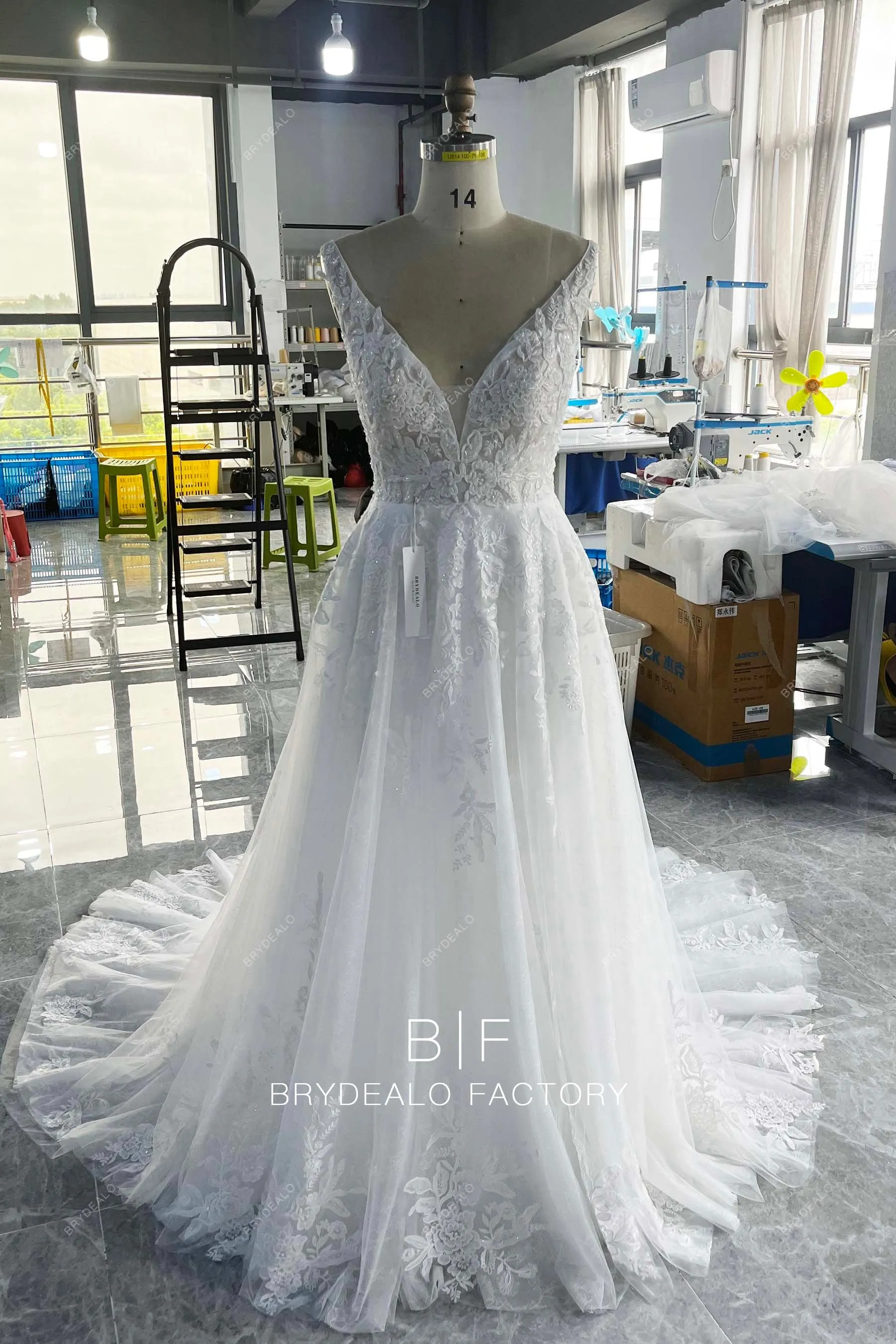 Designer Shimmer Lace Sleeveless Plunging Neck Long Bridal Dress