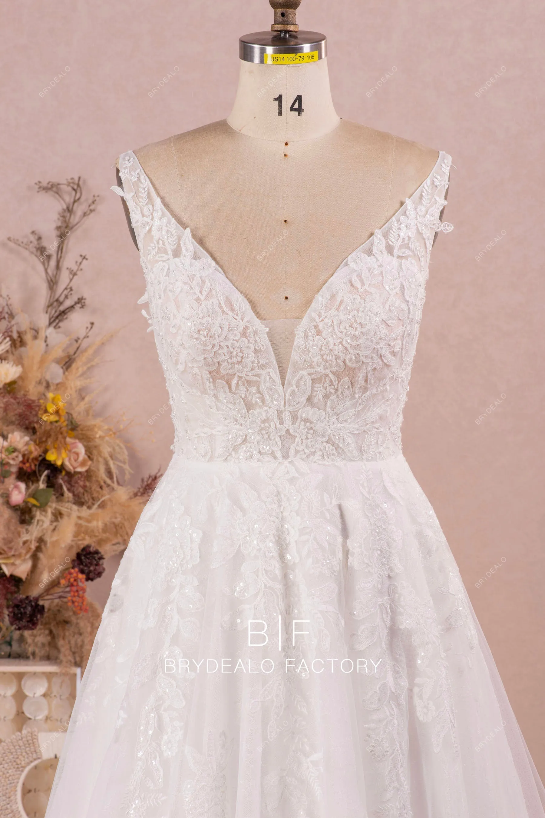 Designer Shimmer Lace Sleeveless Plunging Neck Long Bridal Dress