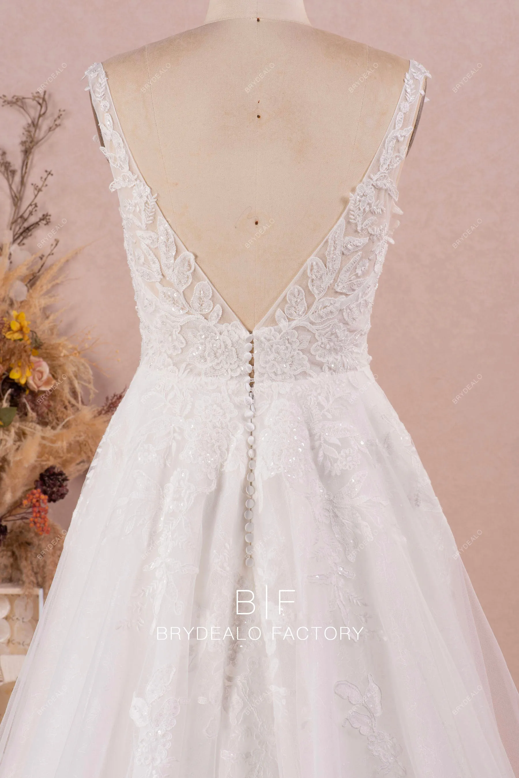 Designer Shimmer Lace Sleeveless Plunging Neck Long Bridal Dress