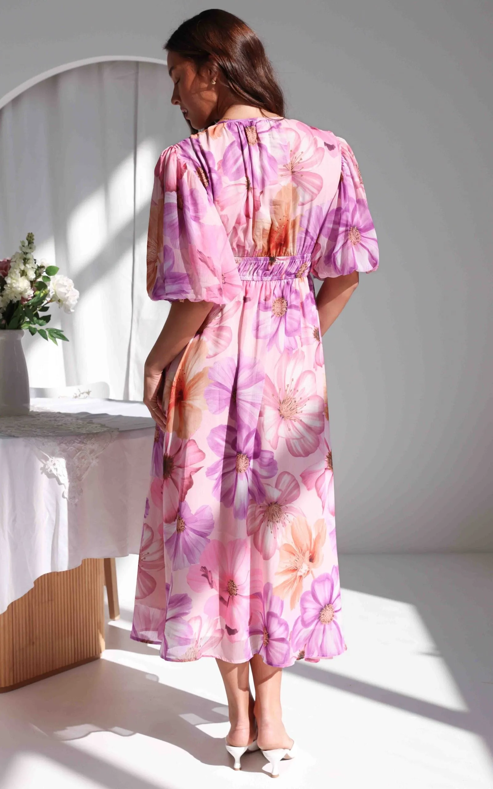 Diana Short Sleeve Maxi Dress - Pink Lilac Floral