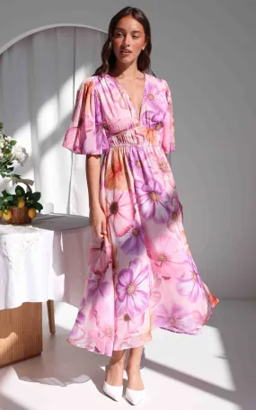 Diana Short Sleeve Maxi Dress - Pink Lilac Floral