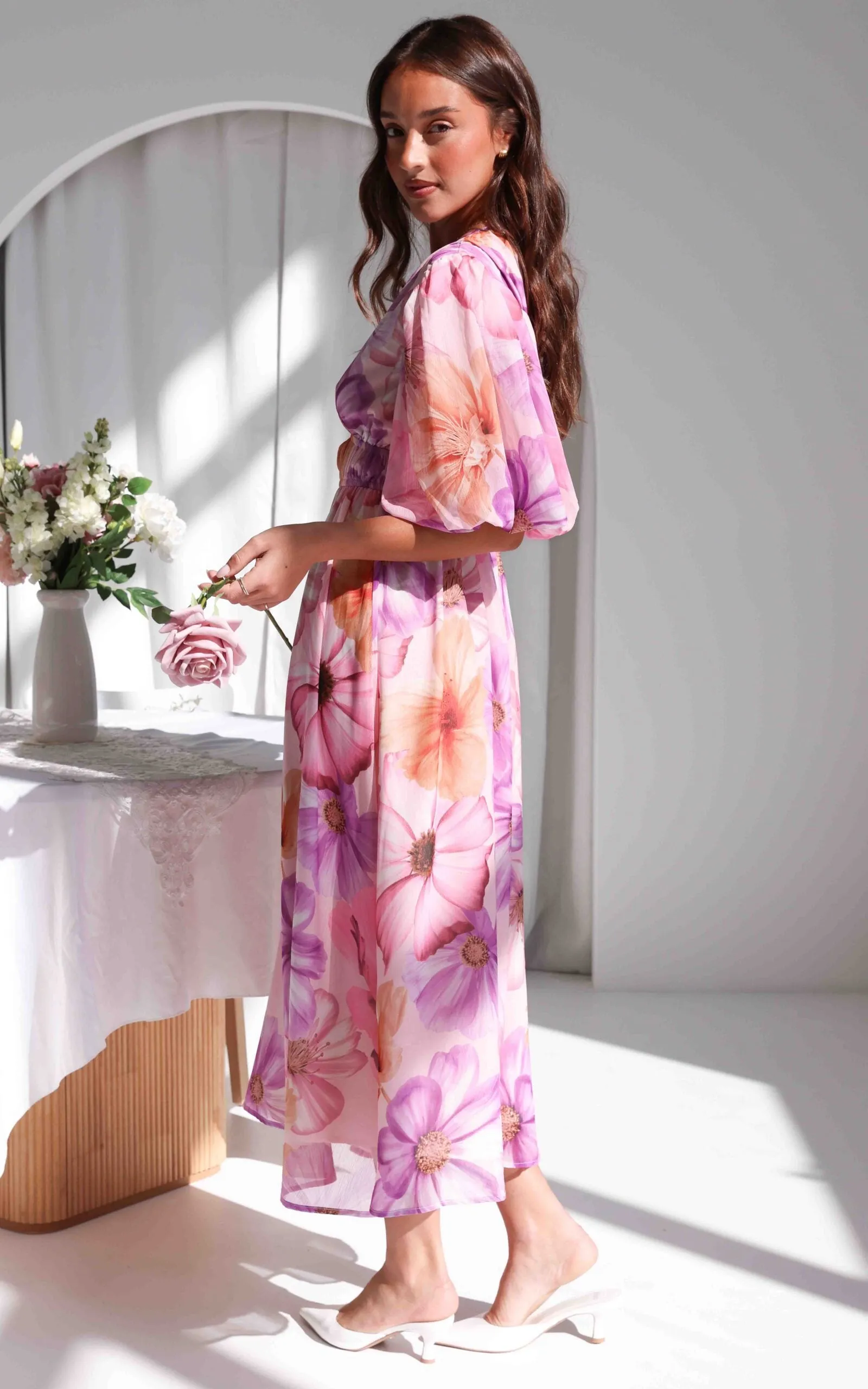 Diana Short Sleeve Maxi Dress - Pink Lilac Floral