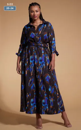 Dove Dress In Camo Abstract Blue On Black- Extended Sizing