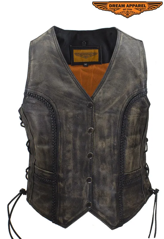 Dream Apparel Womens Longer Cut Distressed Brown Cowhide Leather Motorcycle Vest