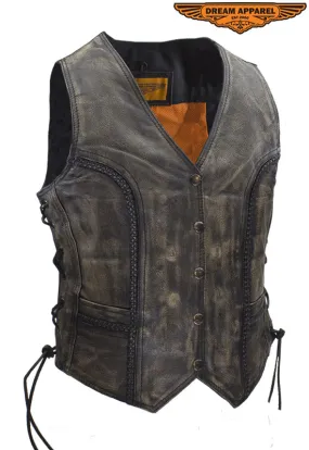 Dream Apparel Womens Longer Cut Distressed Brown Cowhide Leather Motorcycle Vest