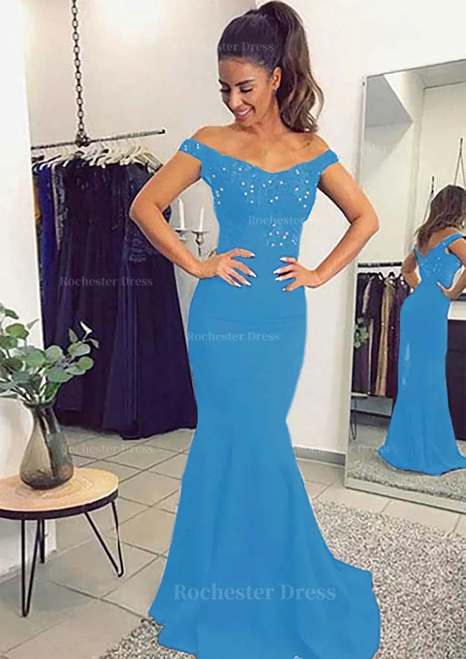 Elastic Satin Prom Dress Trumpet/Mermaid Off-The-Shoulder Sweep Train With Lace