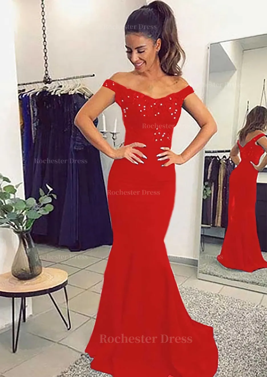 Elastic Satin Prom Dress Trumpet/Mermaid Off-The-Shoulder Sweep Train With Lace