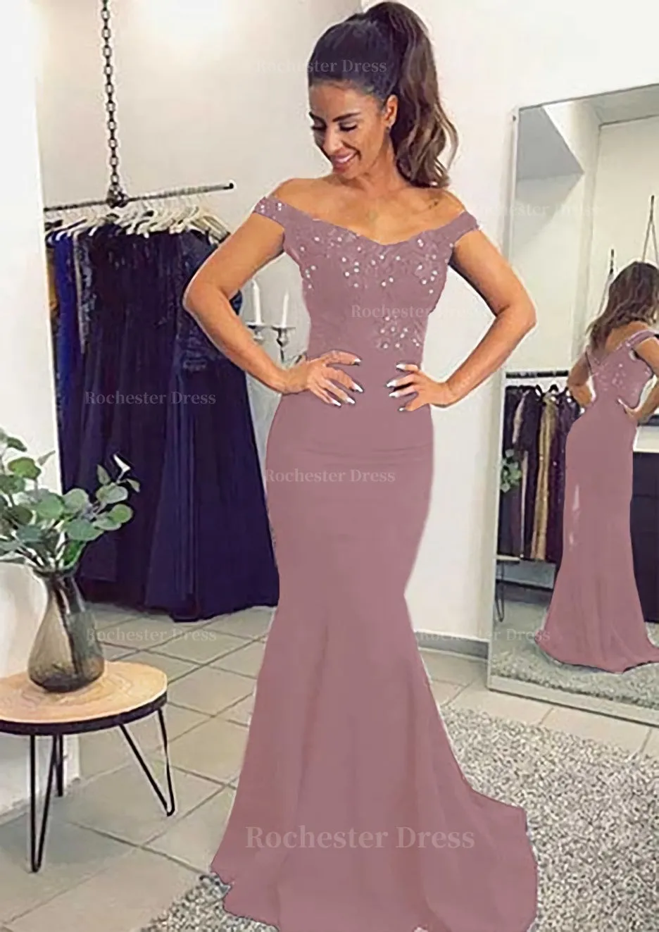 Elastic Satin Prom Dress Trumpet/Mermaid Off-The-Shoulder Sweep Train With Lace