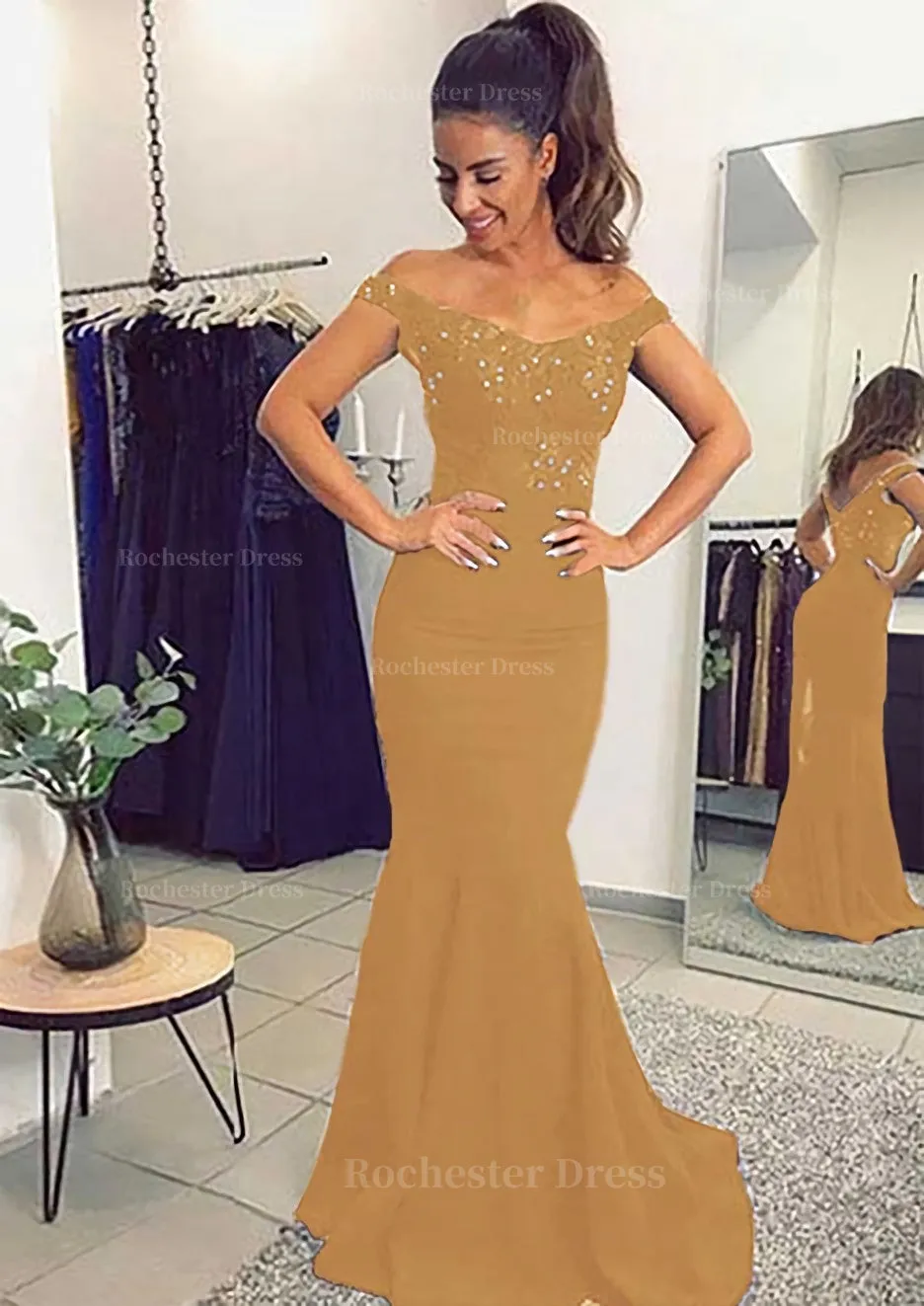 Elastic Satin Prom Dress Trumpet/Mermaid Off-The-Shoulder Sweep Train With Lace