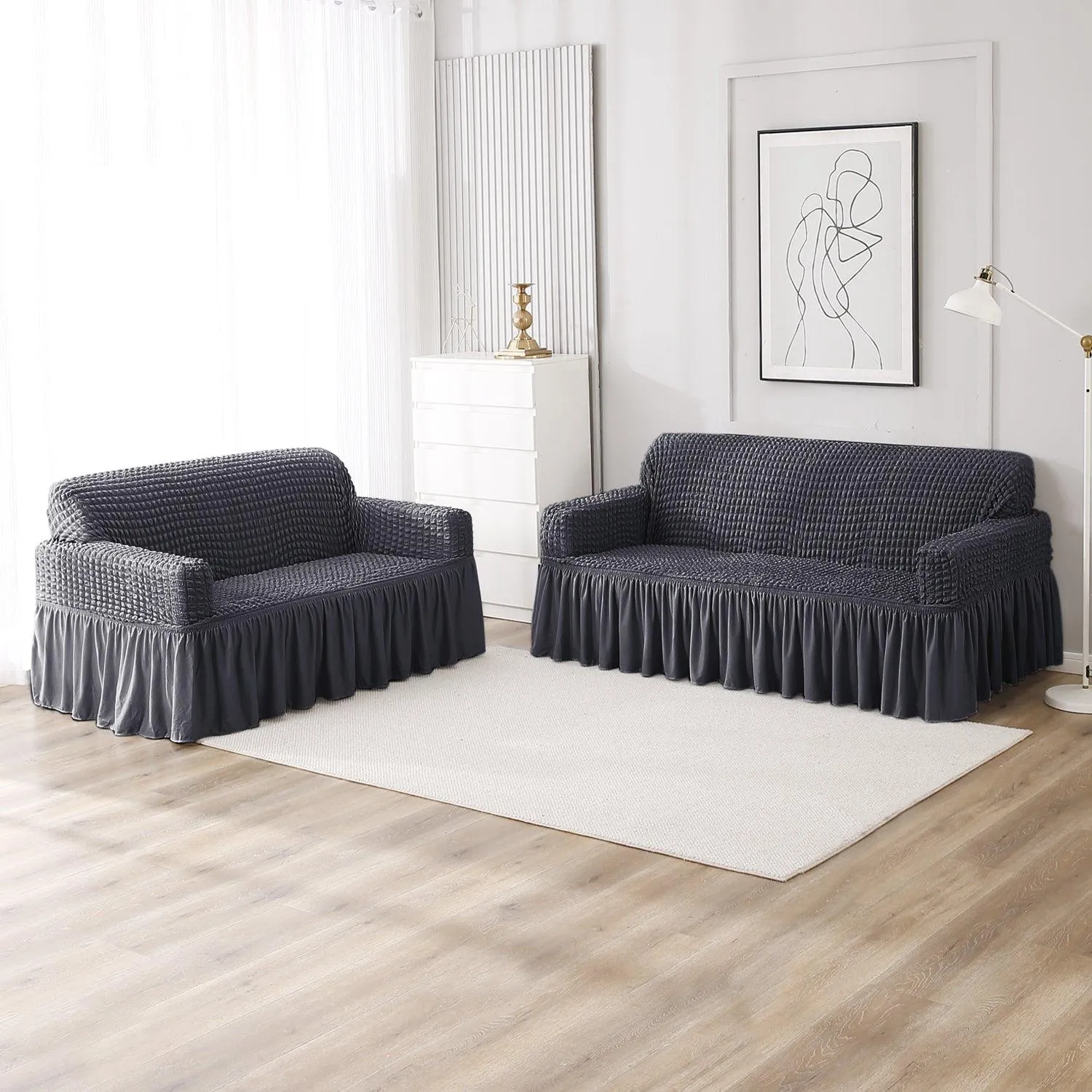 Elastic Stretchable Turkish Bubble Sofa Cover with Frill, Anchor Grey