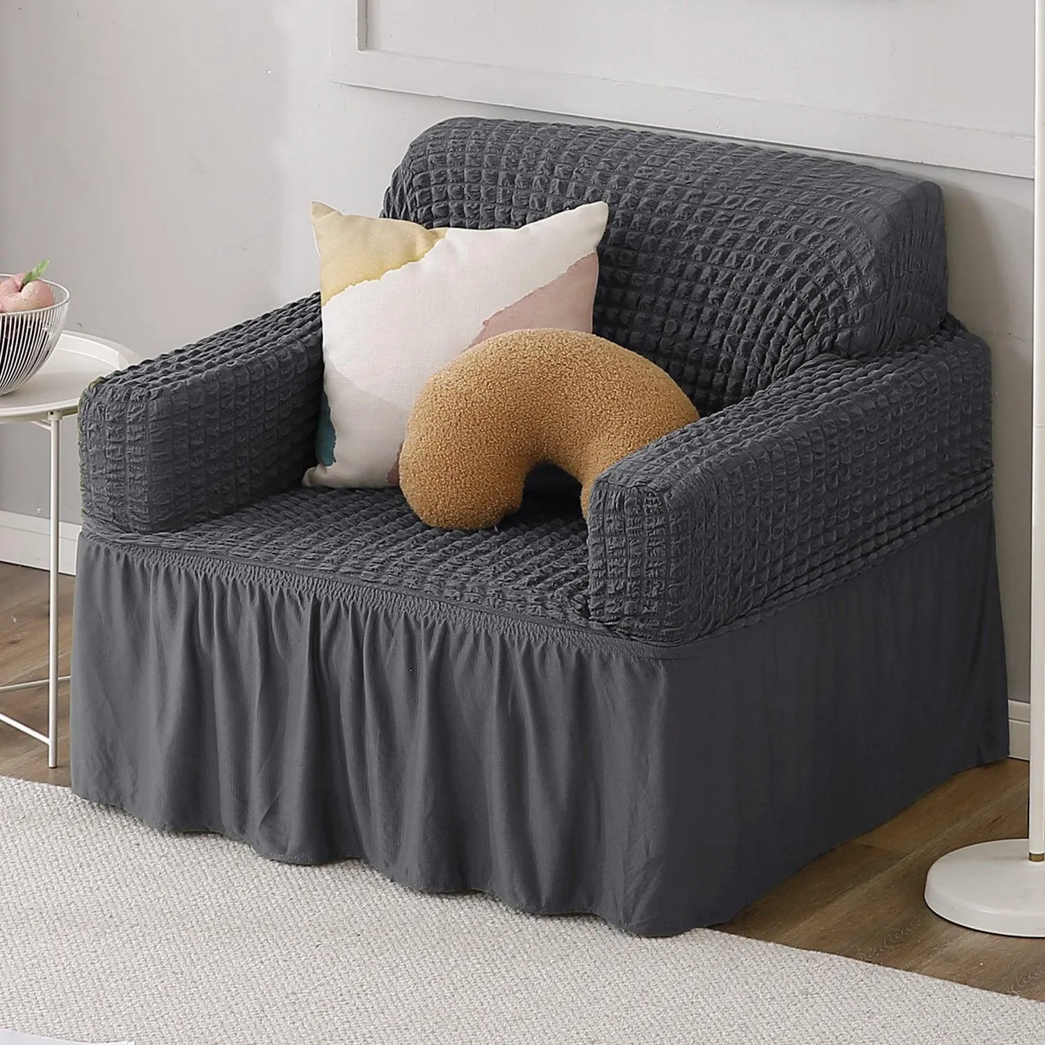 Elastic Stretchable Turkish Bubble Sofa Cover with Frill, Anchor Grey