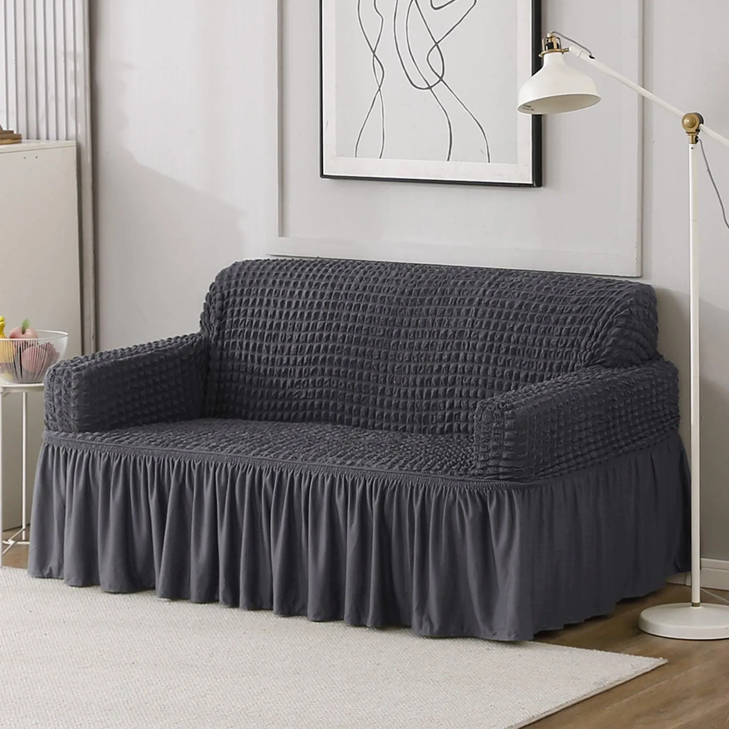 Elastic Stretchable Turkish Bubble Sofa Cover with Frill, Anchor Grey