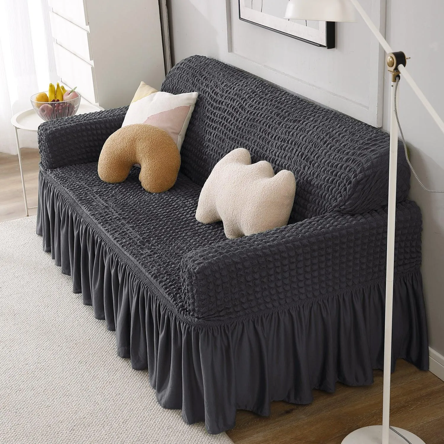 Elastic Stretchable Turkish Bubble Sofa Cover with Frill, Anchor Grey