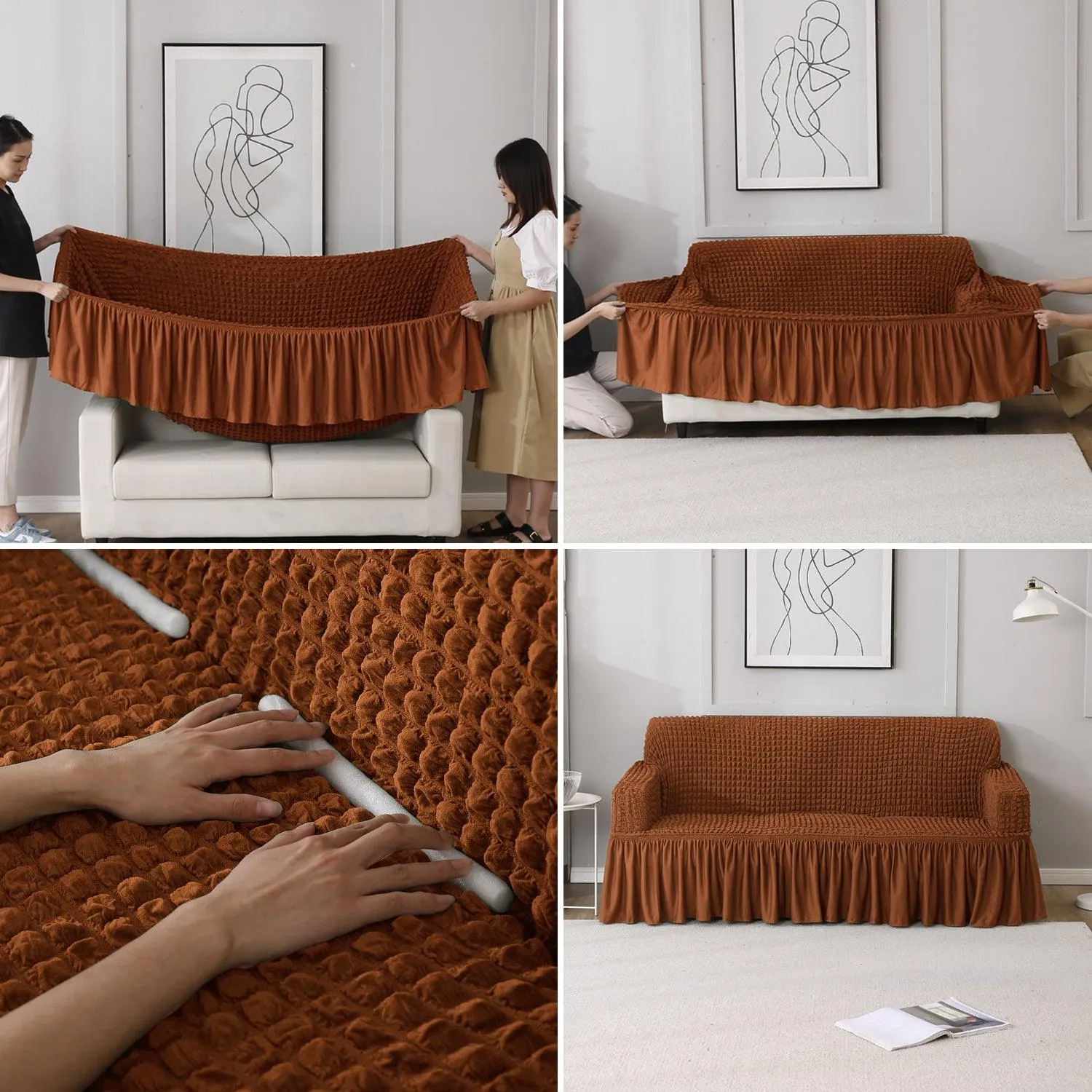 Elastic Stretchable Turkish Bubble Sofa Cover with Frill, Chocolate Brown