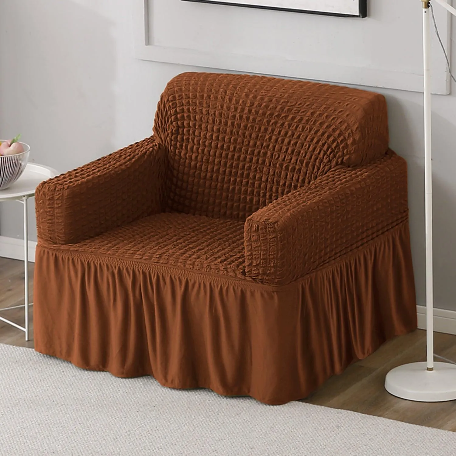 Elastic Stretchable Turkish Bubble Sofa Cover with Frill, Chocolate Brown