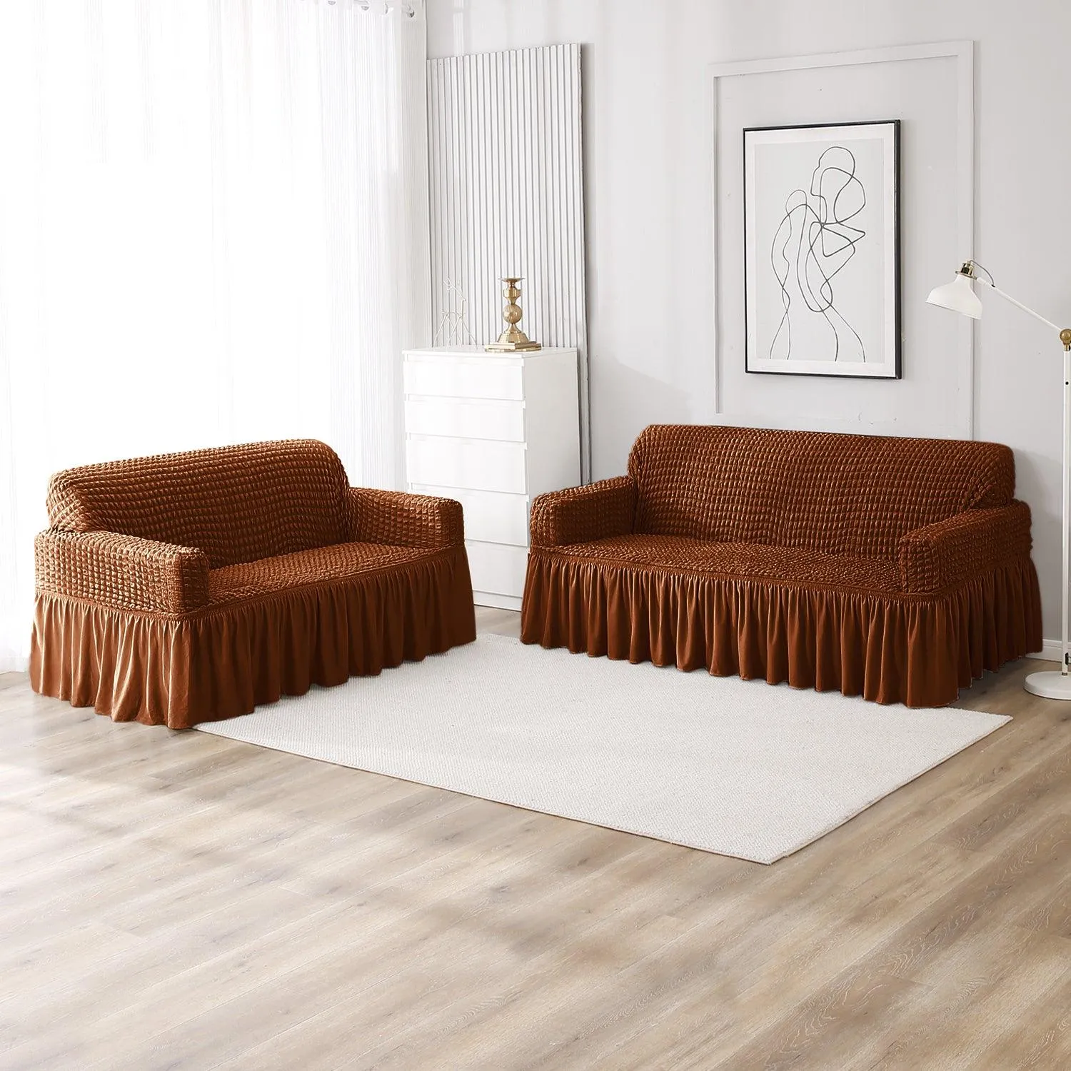 Elastic Stretchable Turkish Bubble Sofa Cover with Frill, Chocolate Brown