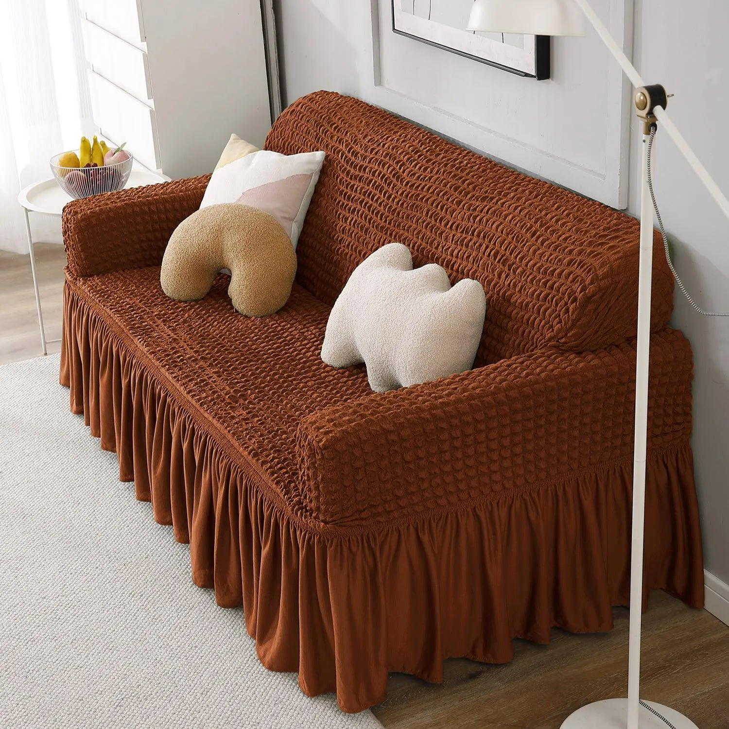 Elastic Stretchable Turkish Bubble Sofa Cover with Frill, Chocolate Brown