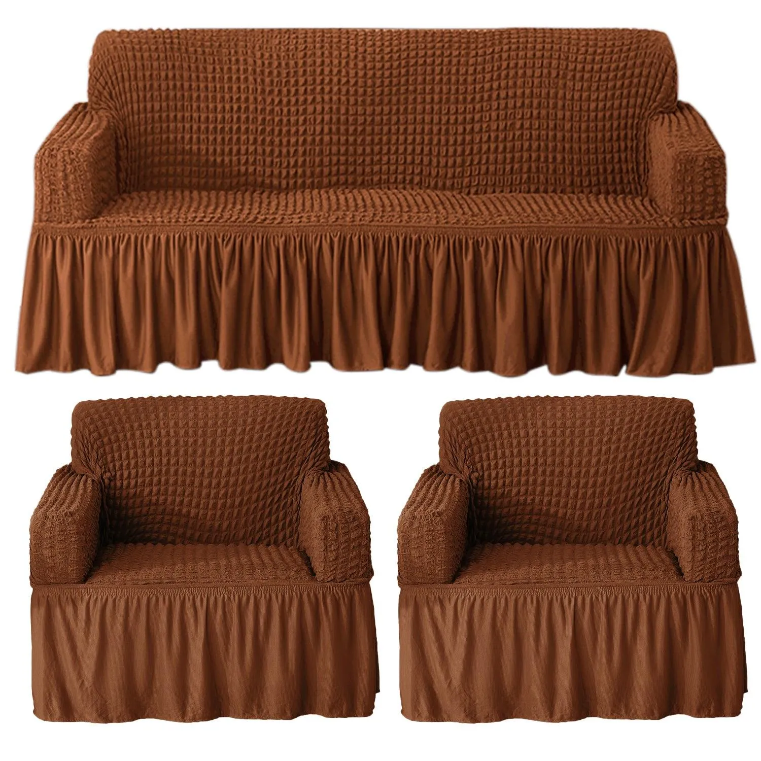 Elastic Stretchable Turkish Bubble Sofa Cover with Frill, Chocolate Brown