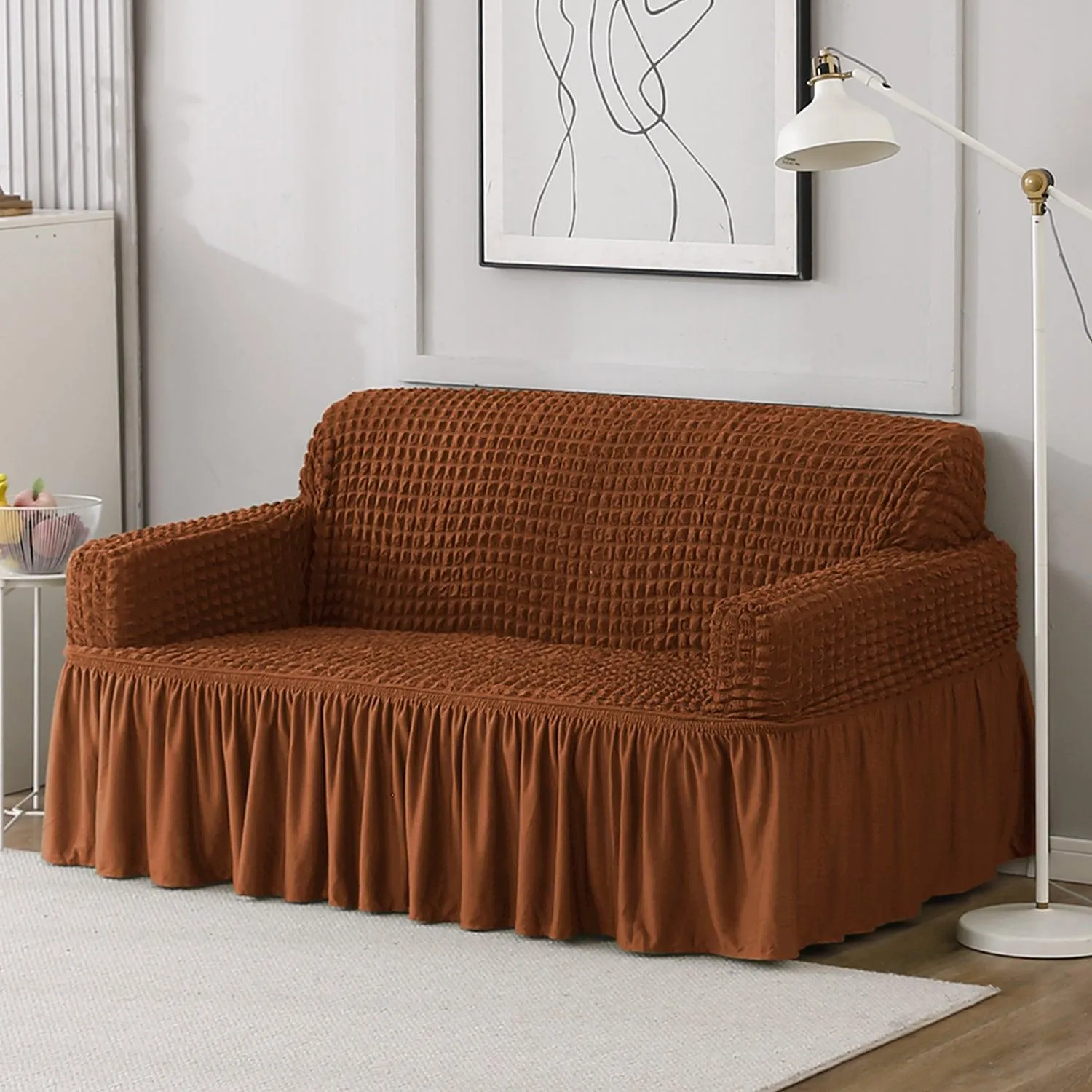 Elastic Stretchable Turkish Bubble Sofa Cover with Frill, Chocolate Brown