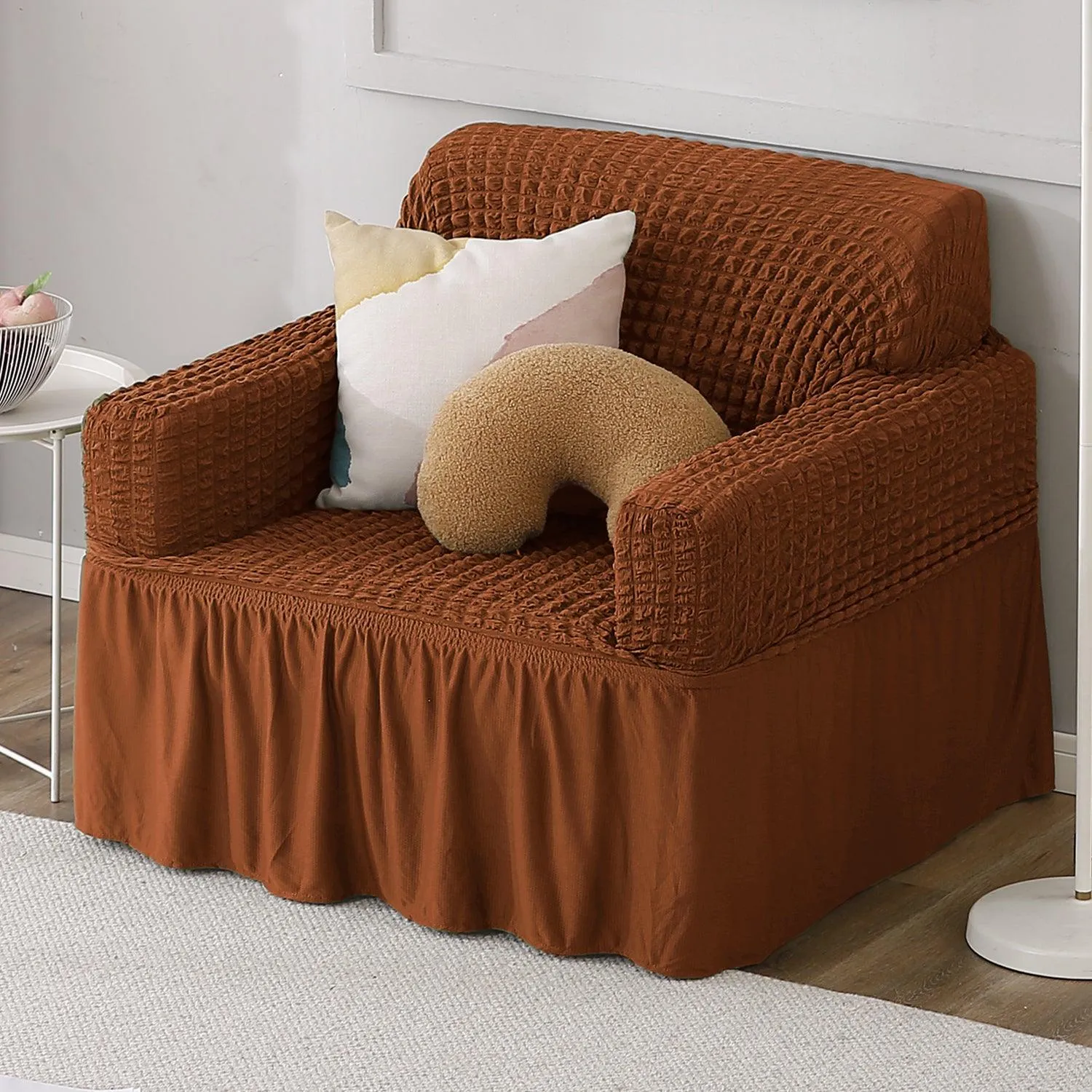 Elastic Stretchable Turkish Bubble Sofa Cover with Frill, Chocolate Brown