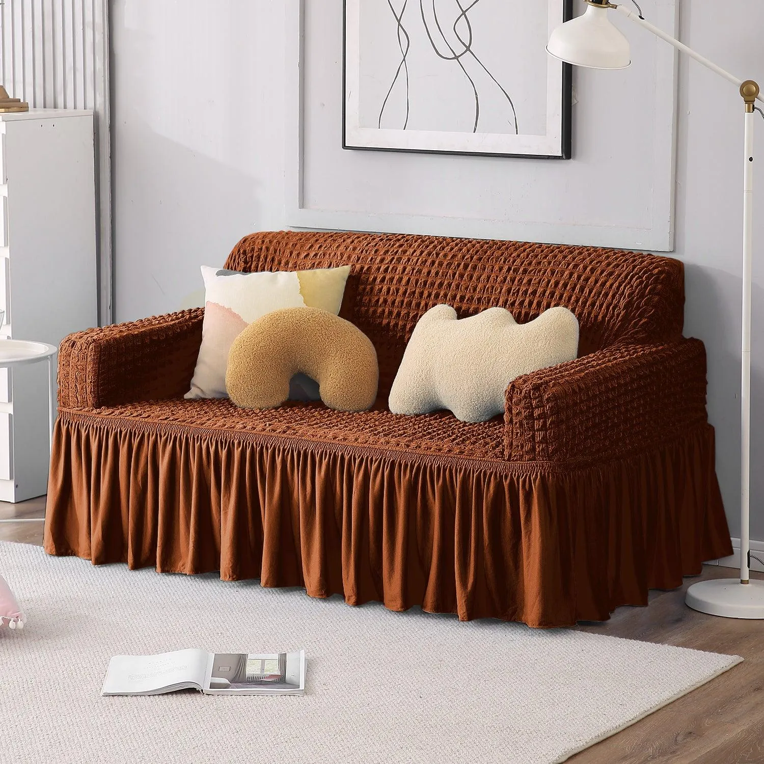 Elastic Stretchable Turkish Bubble Sofa Cover with Frill, Chocolate Brown