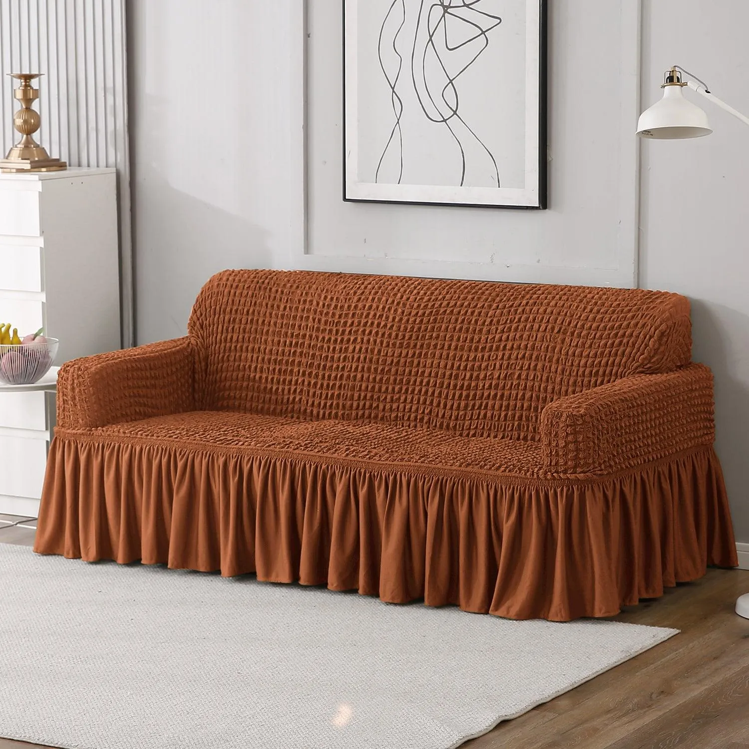 Elastic Stretchable Turkish Bubble Sofa Cover with Frill, Chocolate Brown