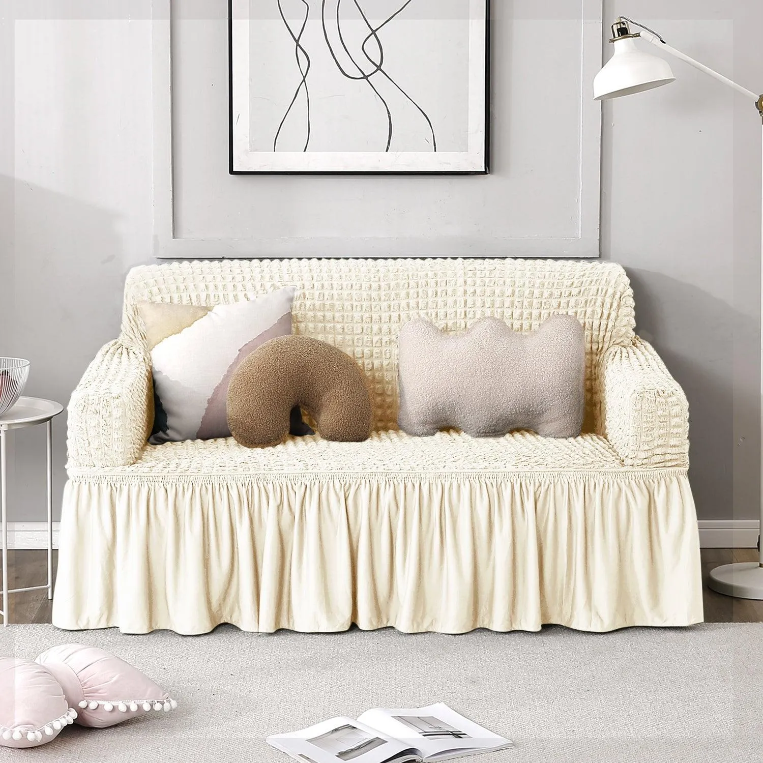 Elastic Stretchable Turkish Bubble Sofa Cover with Frill, Cream