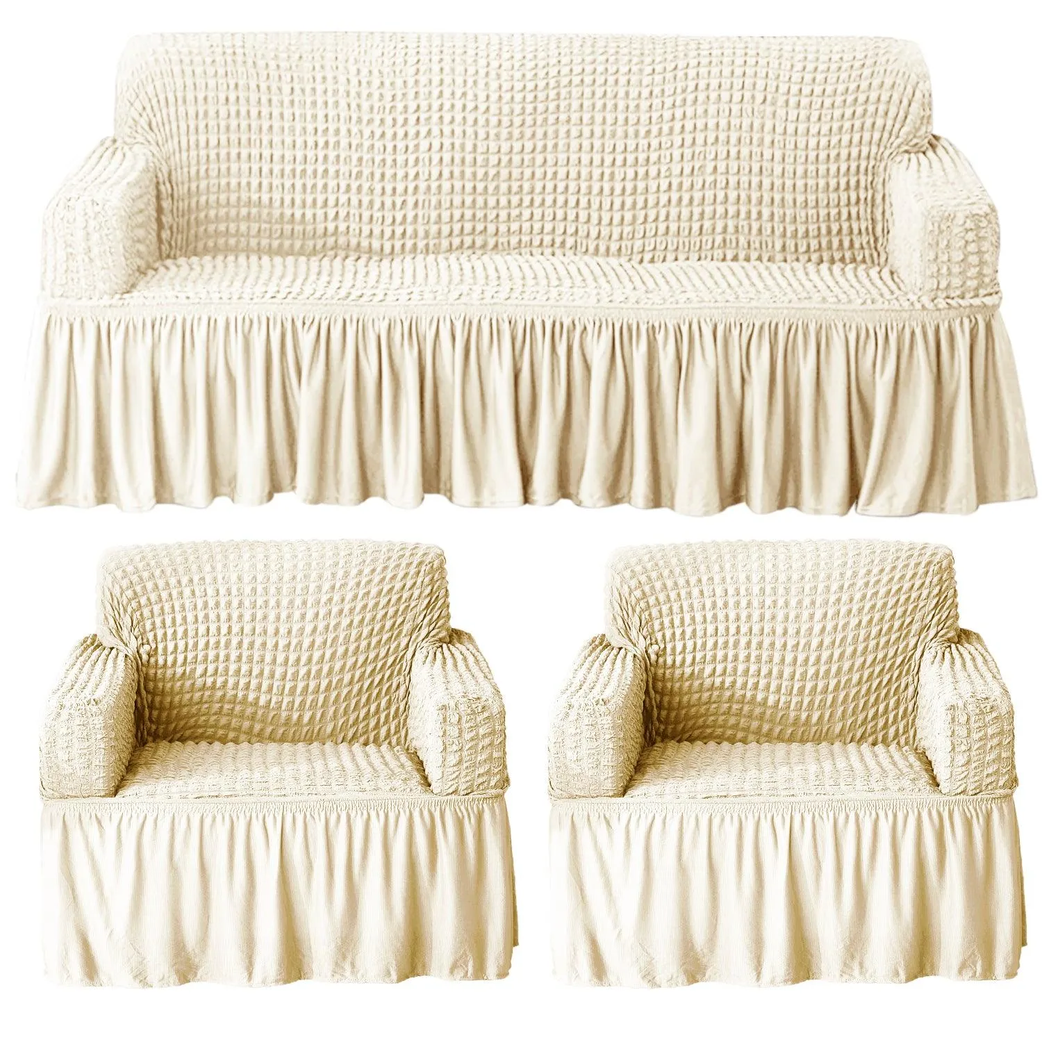 Elastic Stretchable Turkish Bubble Sofa Cover with Frill, Cream