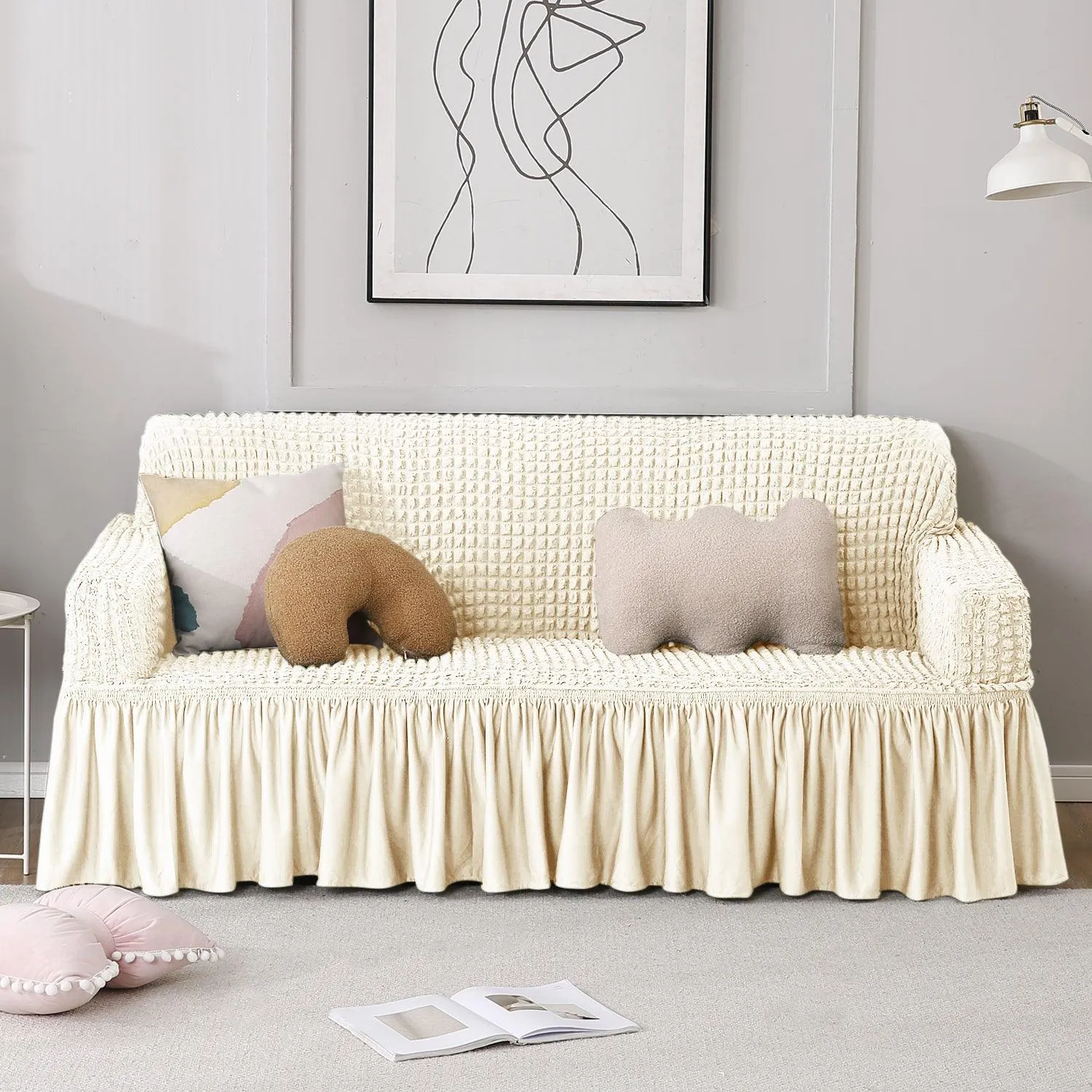 Elastic Stretchable Turkish Bubble Sofa Cover with Frill, Cream