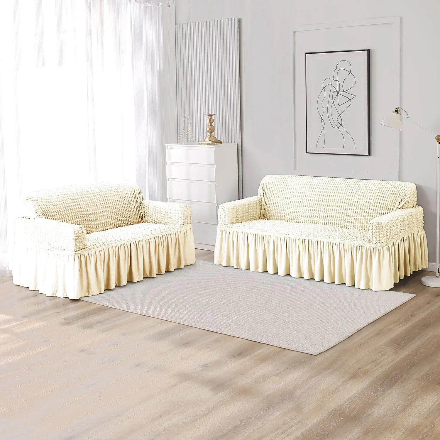 Elastic Stretchable Turkish Bubble Sofa Cover with Frill, Cream