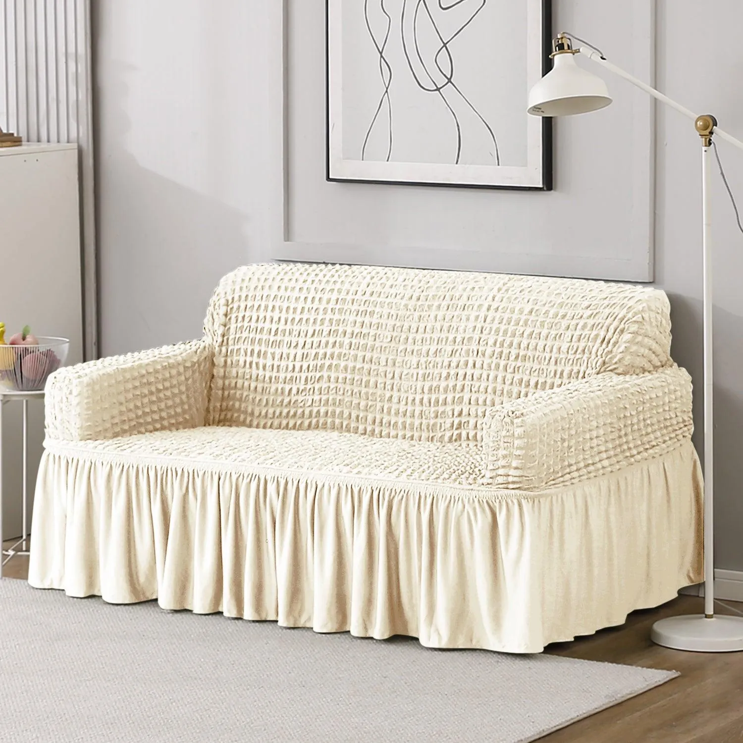 Elastic Stretchable Turkish Bubble Sofa Cover with Frill, Cream