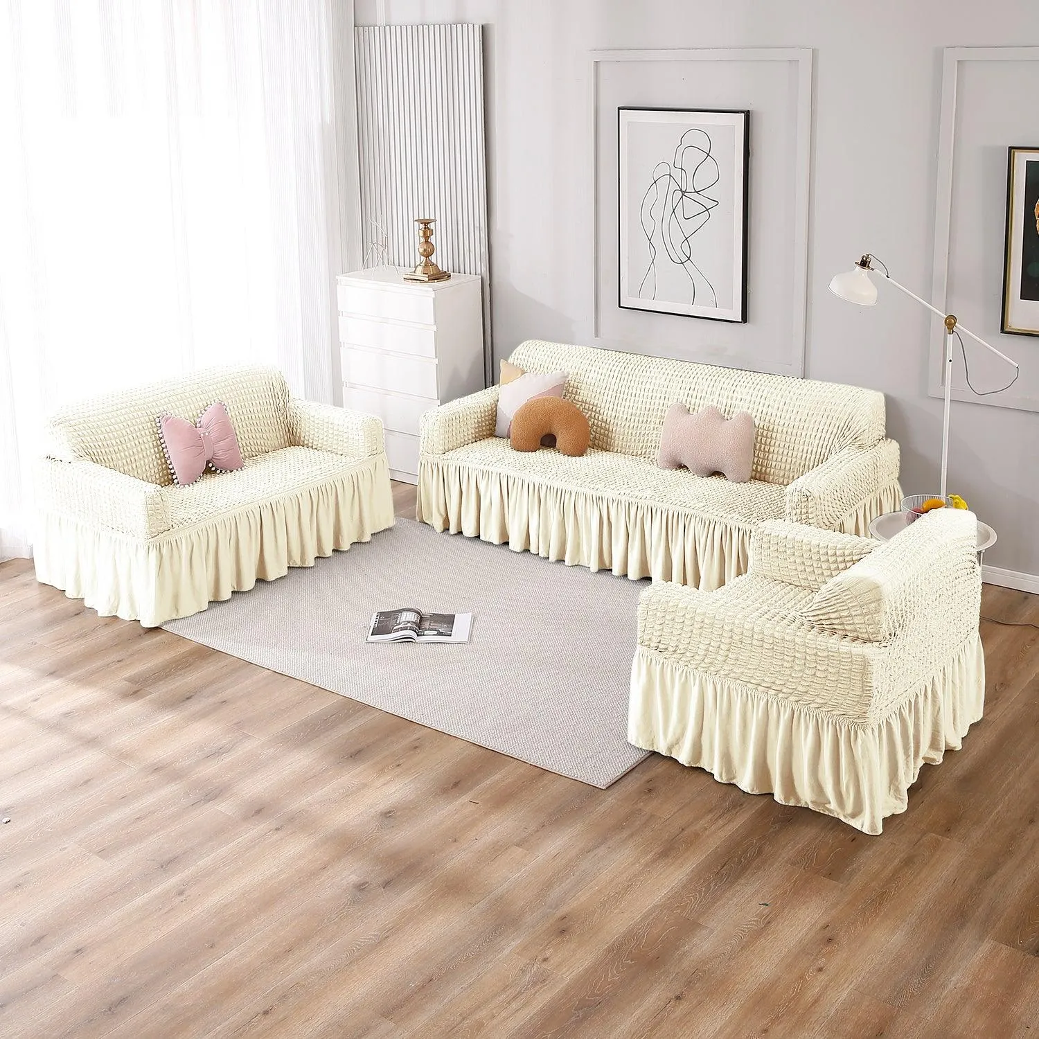 Elastic Stretchable Turkish Bubble Sofa Cover with Frill, Cream