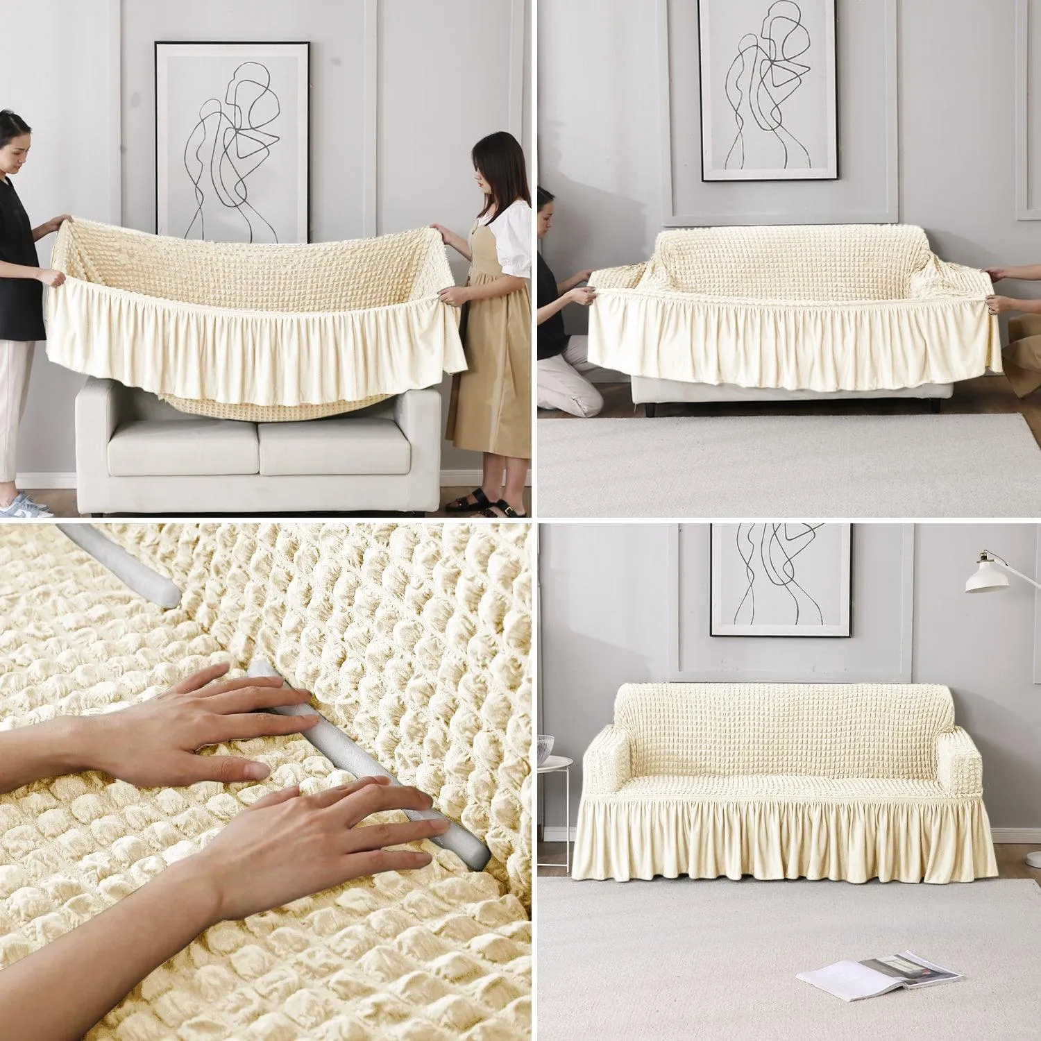 Elastic Stretchable Turkish Bubble Sofa Cover with Frill, Cream