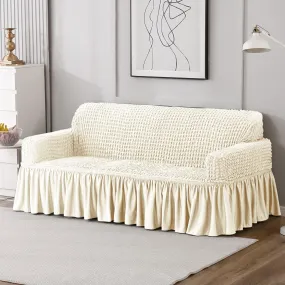 Elastic Stretchable Turkish Bubble Sofa Cover with Frill, Cream