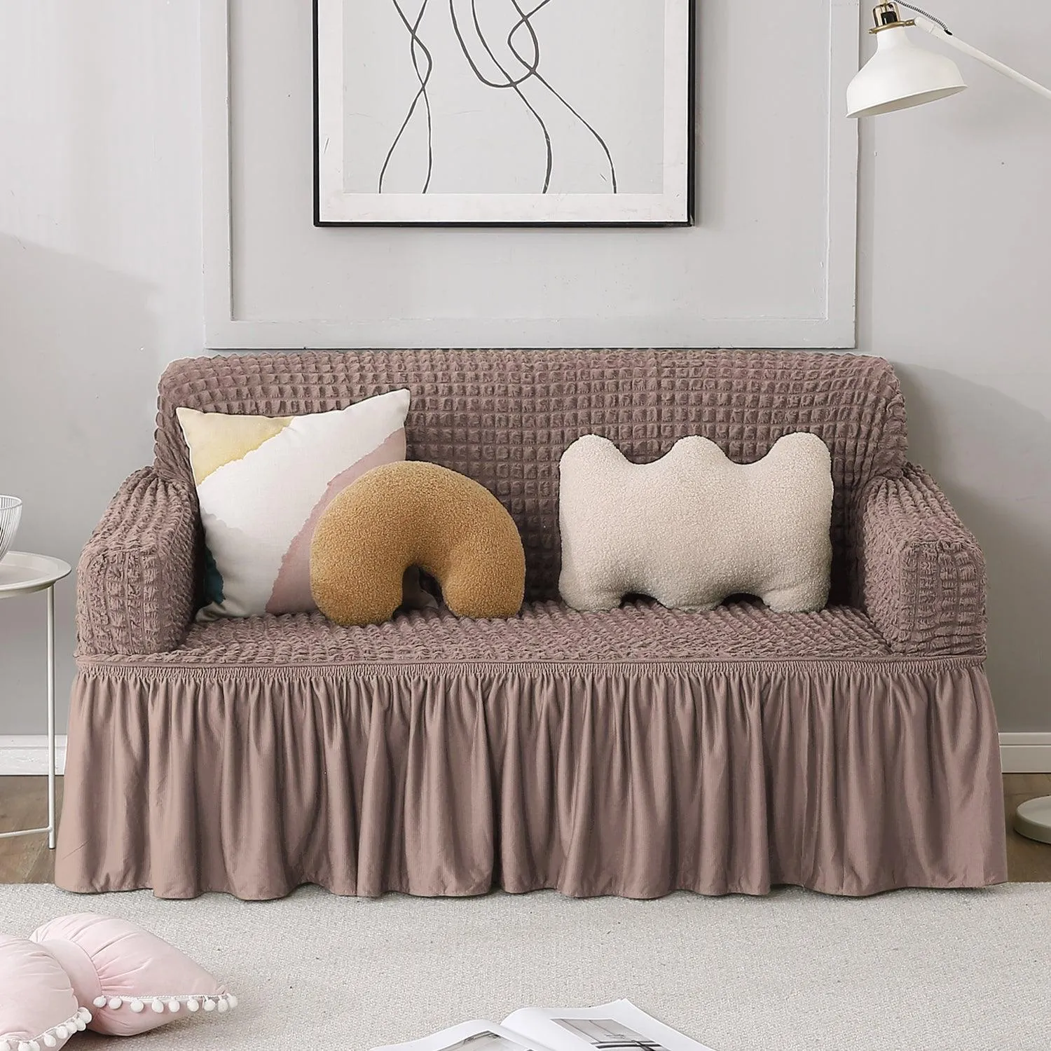 Elastic Stretchable Turkish Bubble Sofa Cover with Frill, Mocha