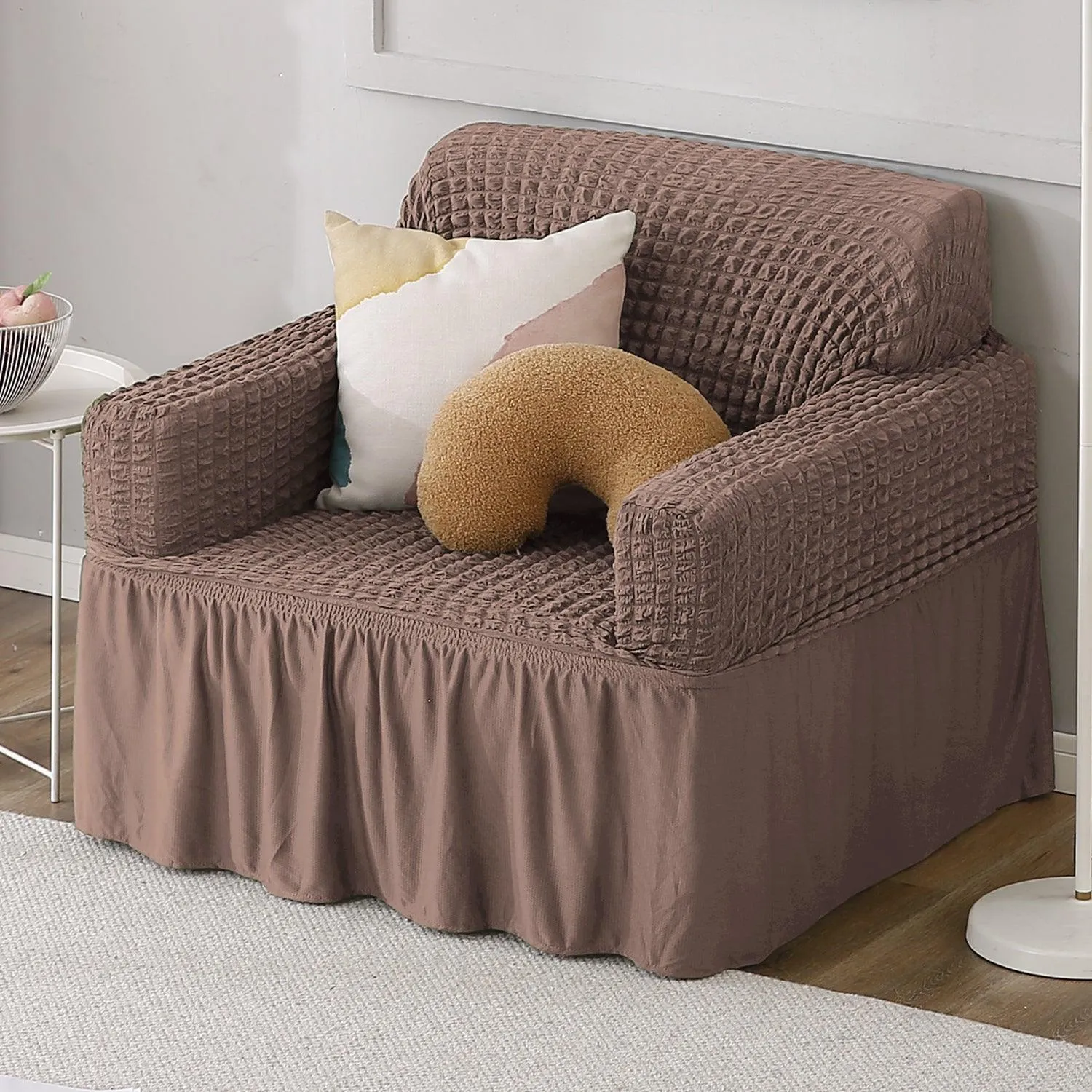 Elastic Stretchable Turkish Bubble Sofa Cover with Frill, Mocha