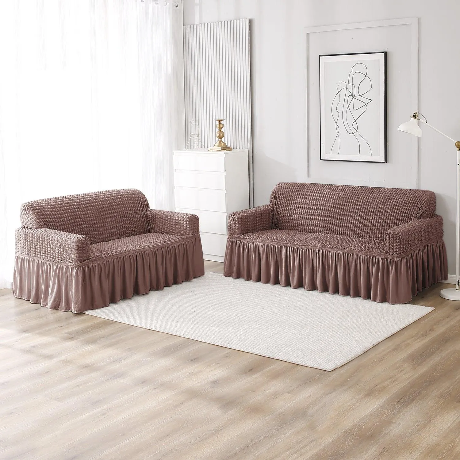 Elastic Stretchable Turkish Bubble Sofa Cover with Frill, Mocha